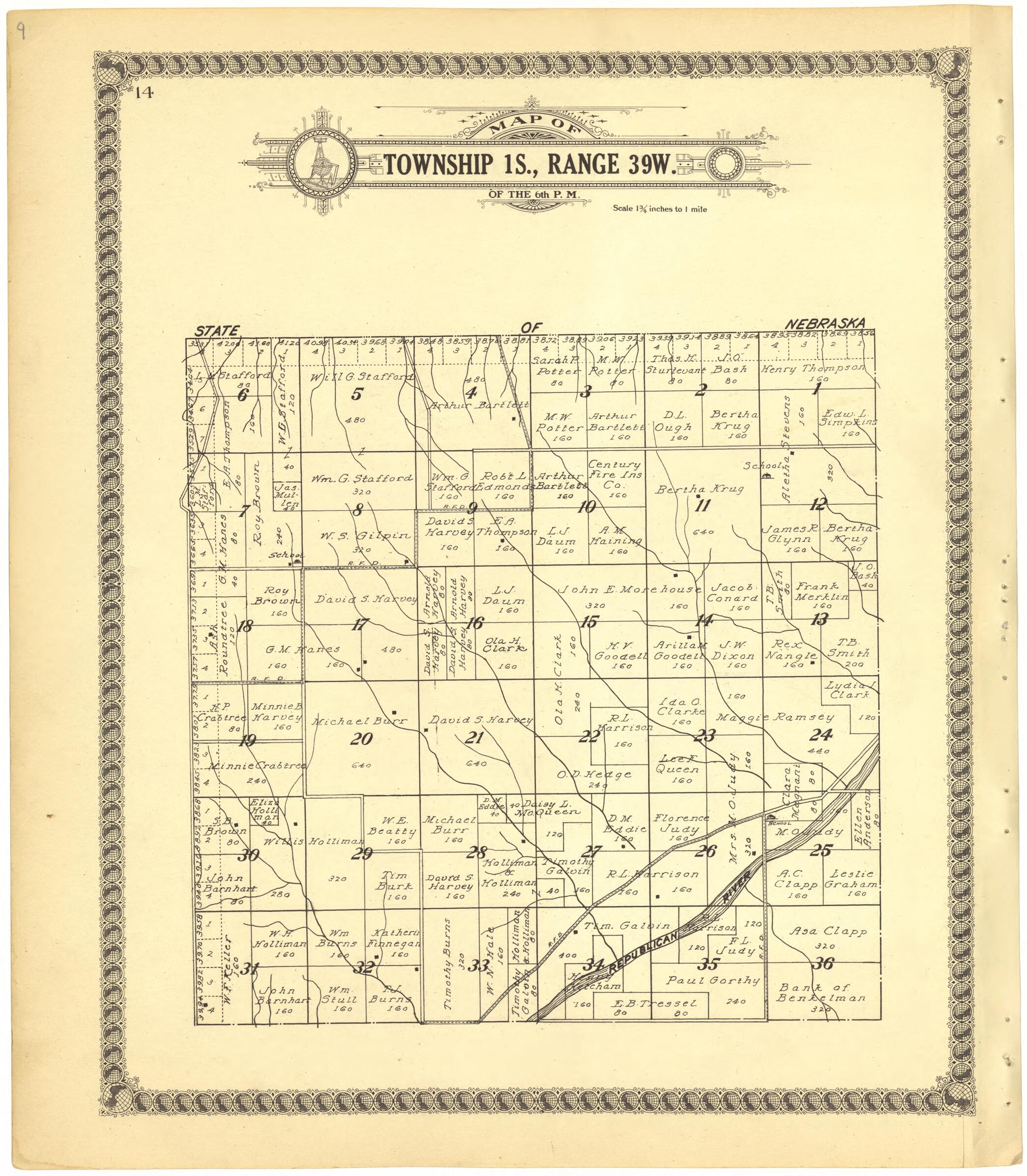This old map of Map of Township 1S., Range 39W. of the 6th P.M. from Standard Atlas of Cheyenne County, Kansas from 1928 was created by Brock & Company in 1928