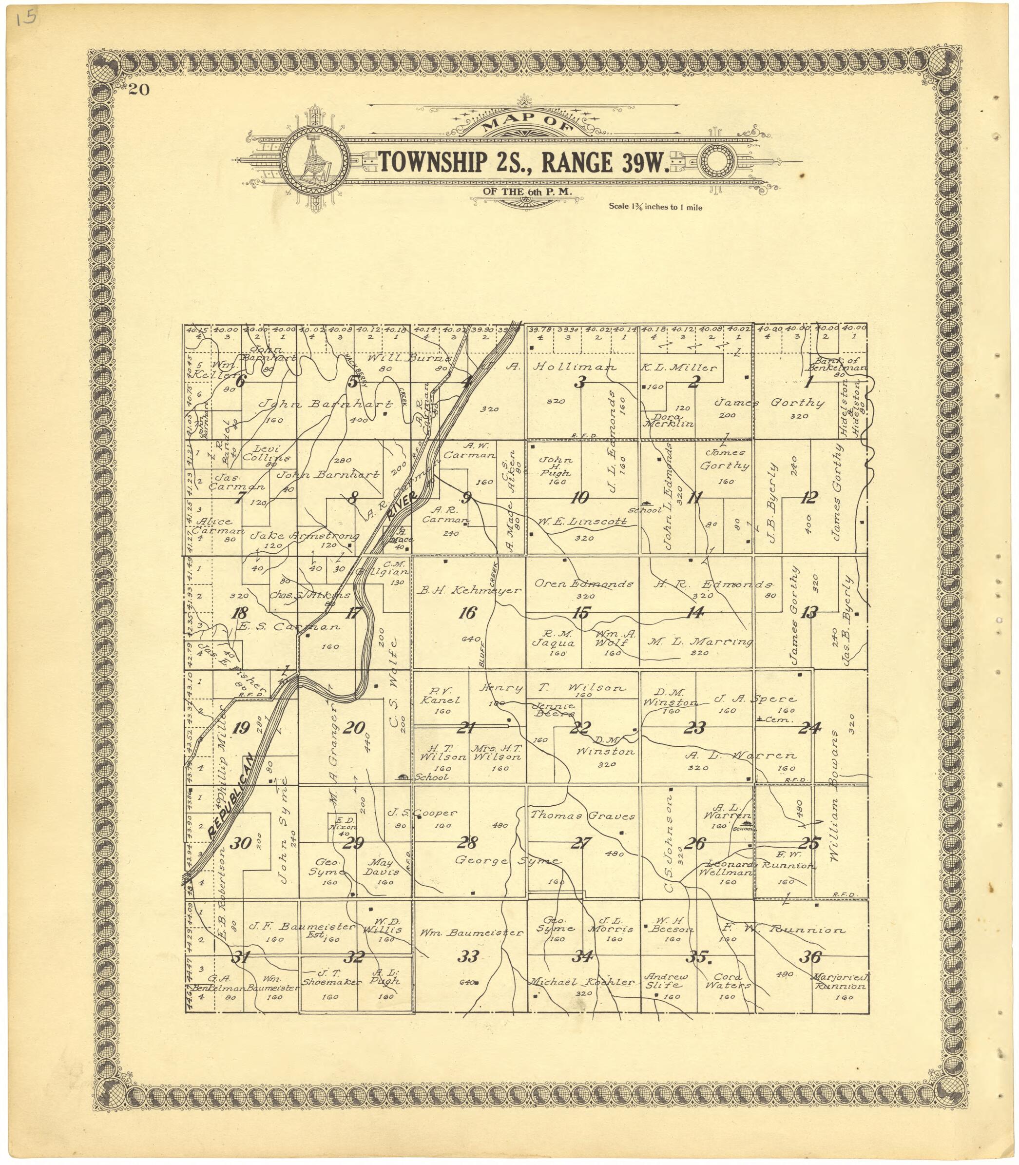 This old map of Map of Township 2S., Range 39W. of the 6th P.M. from Standard Atlas of Cheyenne County, Kansas from 1928 was created by Brock & Company in 1928