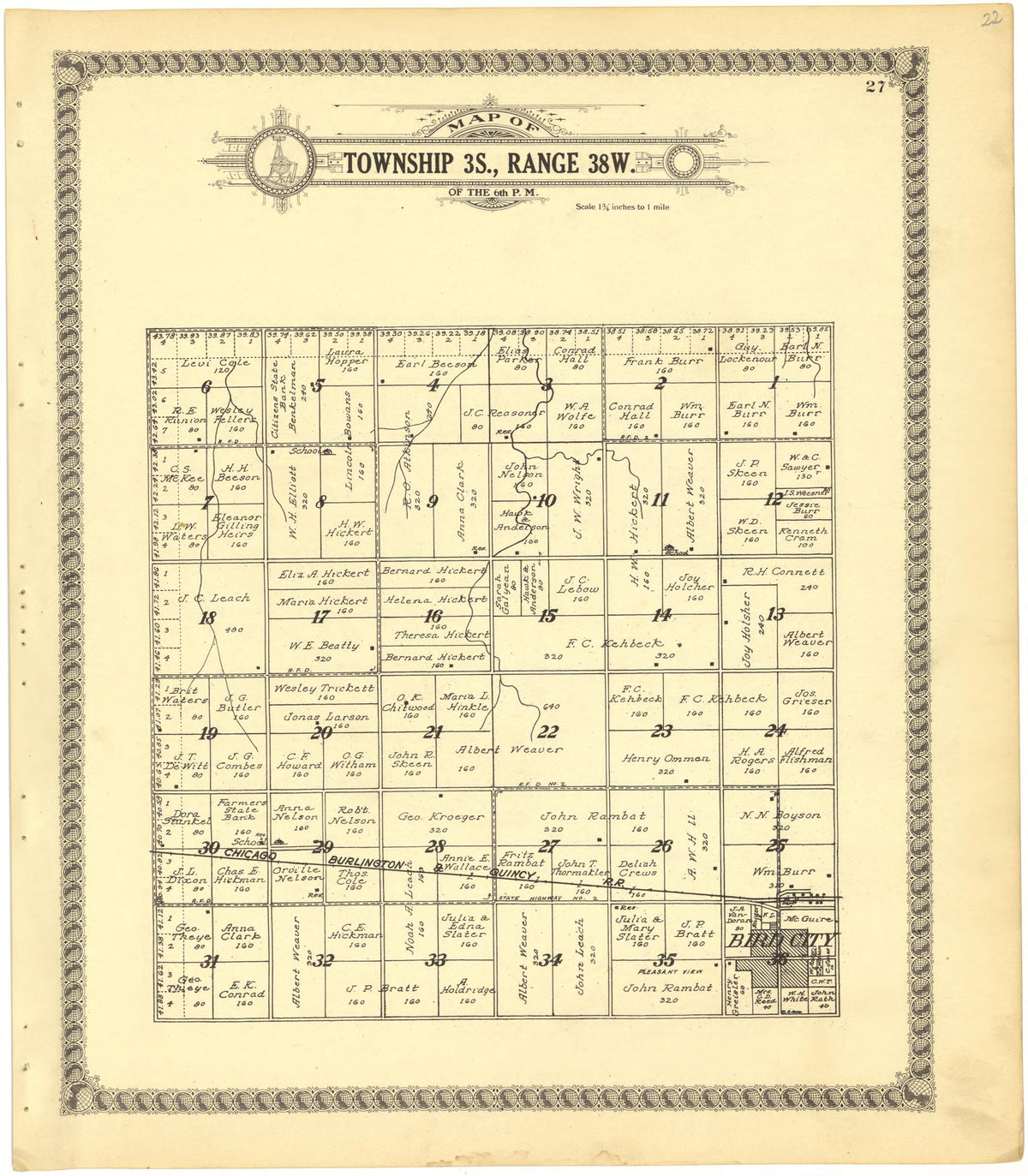 Map of Township 3S., Range 38W. of the 6th P.M. from Standard Atlas of Cheyenne County, Kansas 1928 by Relic Map Company