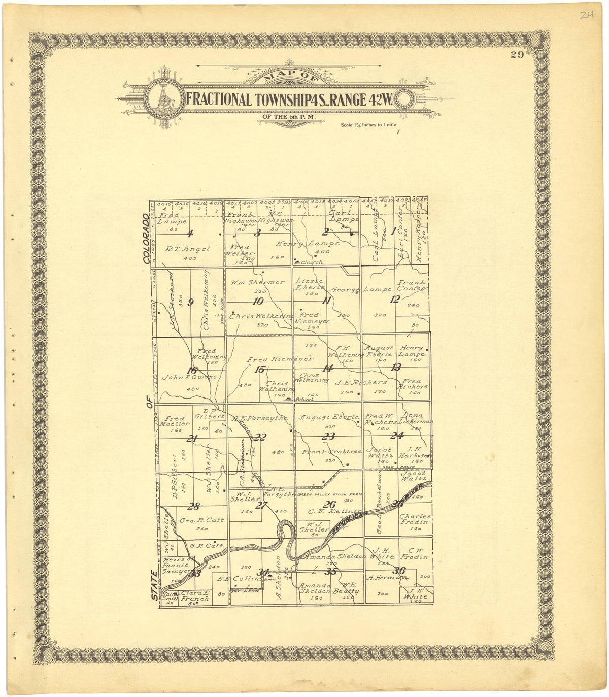 Map of Fractional Township 4S., Range 42W. of the 6th P.M. from Standard Atlas of Cheyenne County, Kansas 1928 by Relic Map Company