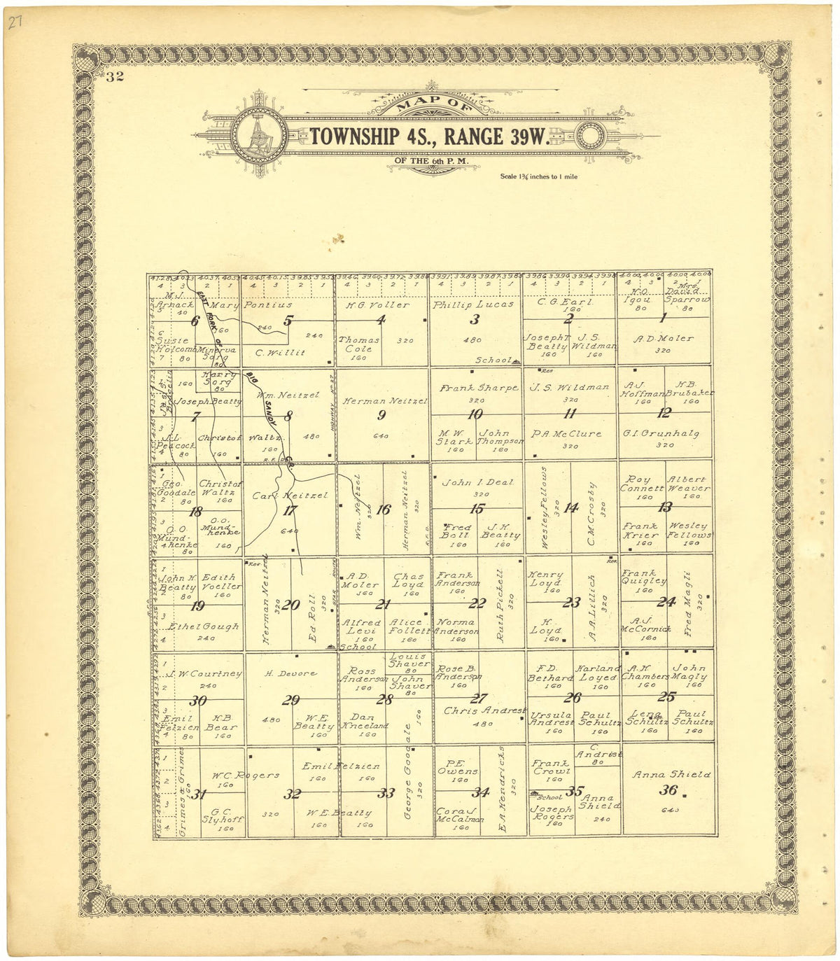 Map of Township 4S., Range 39W. of the 6th P.M. from Standard Atlas of Cheyenne County, Kansas 1928 by Relic Map Company