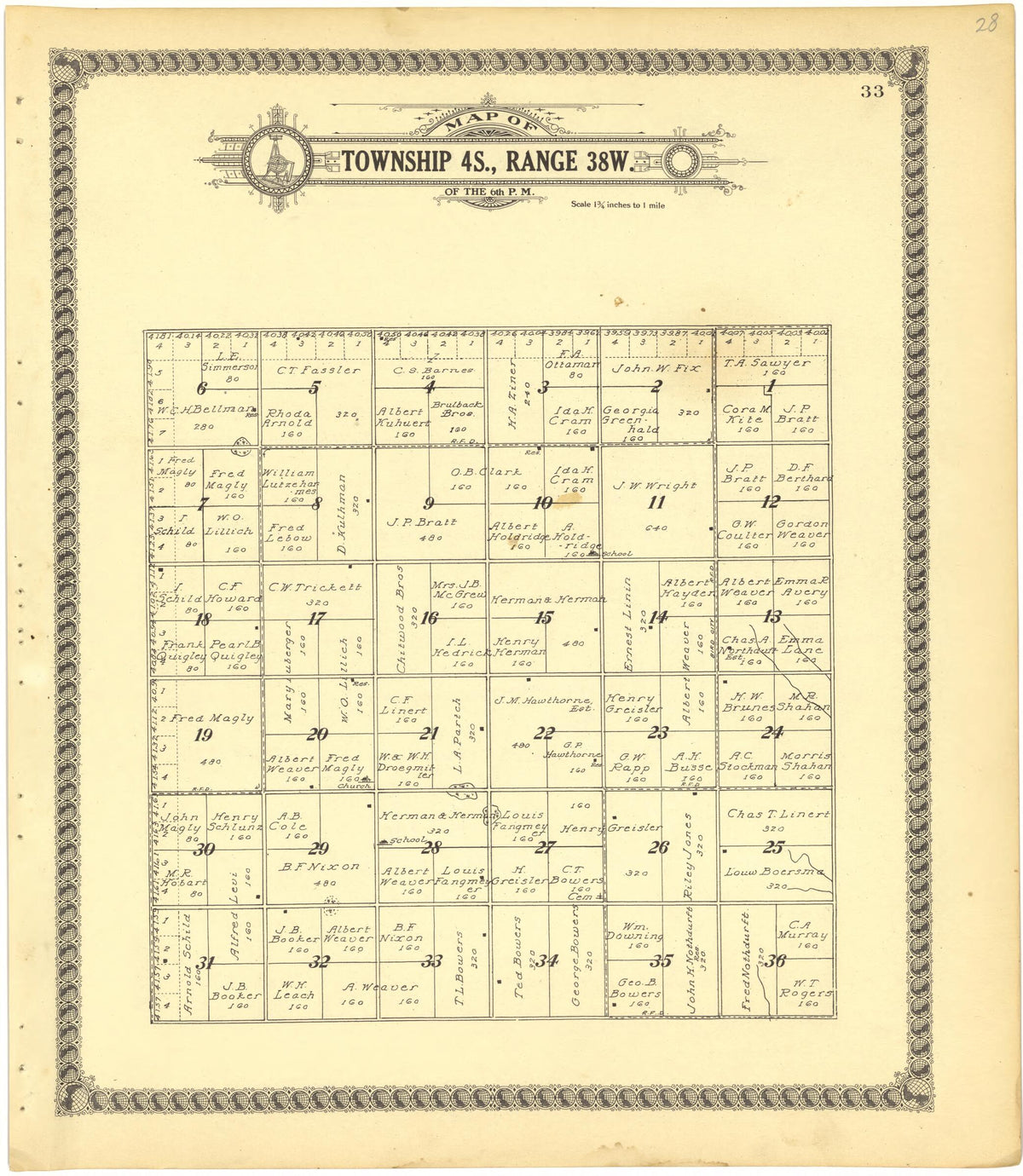 Map of Township 4S., Range 38W. of the 6th P.M. from Standard Atlas of Cheyenne County, Kansas 1928 by Relic Map Company