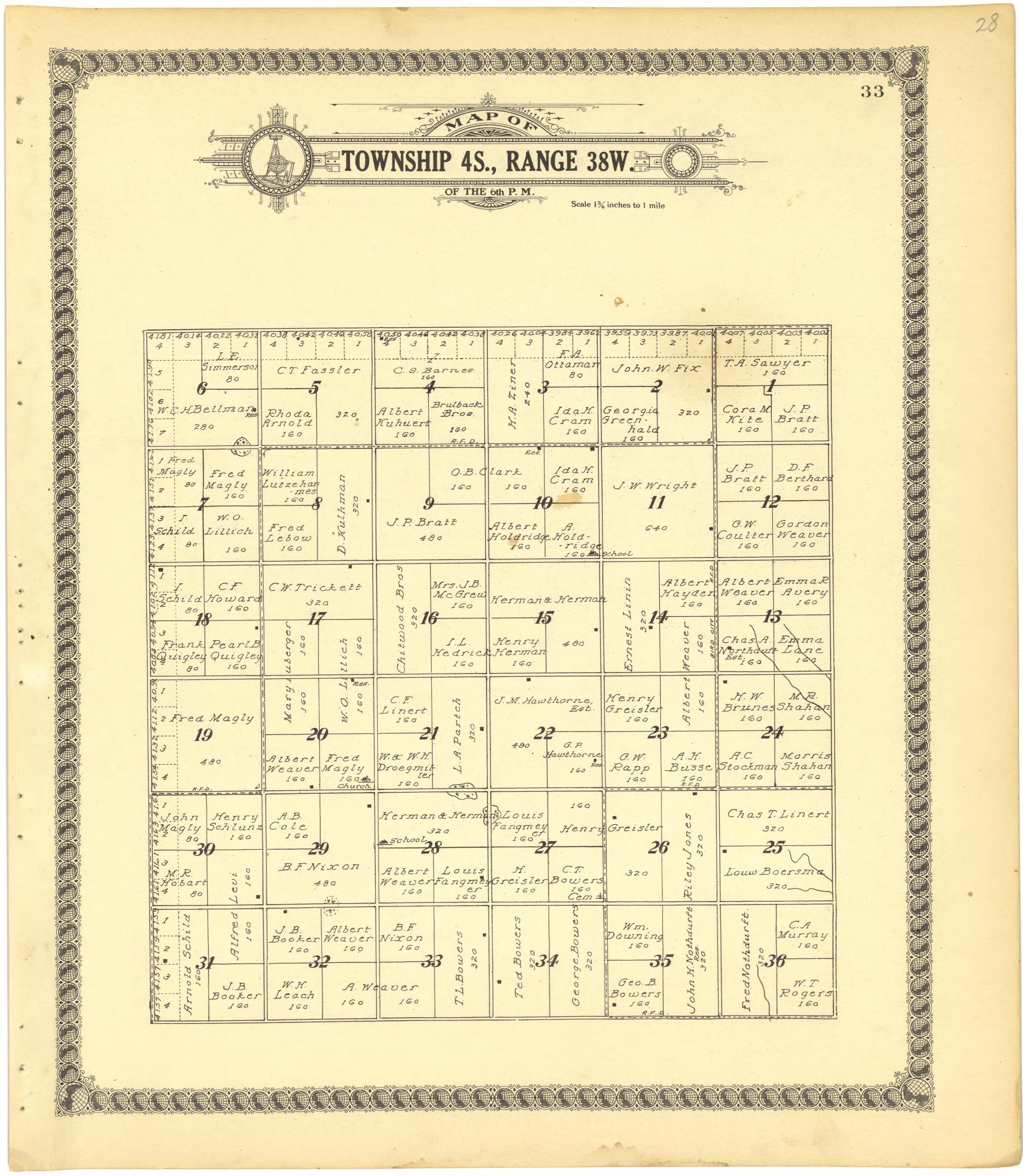 This old map of Map of Township 4S., Range 38W. of the 6th P.M. from Standard Atlas of Cheyenne County, Kansas from 1928 was created by Brock & Company in 1928