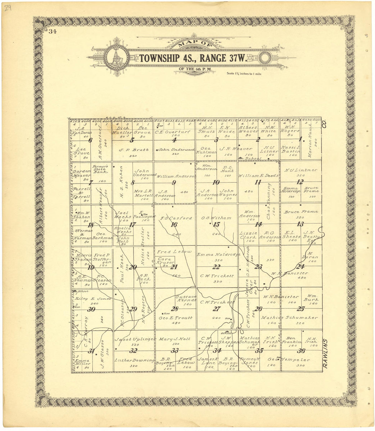 Map of Township 4S., Range 37W. of the 6th P.M. from Standard Atlas of Cheyenne County, Kansas 1928 by Relic Map Company
