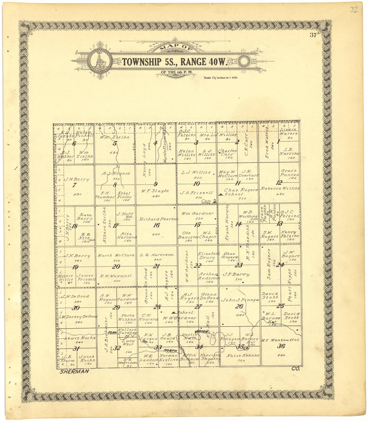 Map of Township 5S., Range 40W. of the 6th P.M. from Standard Atlas of Cheyenne County, Kansas 1928 by Relic Map Company