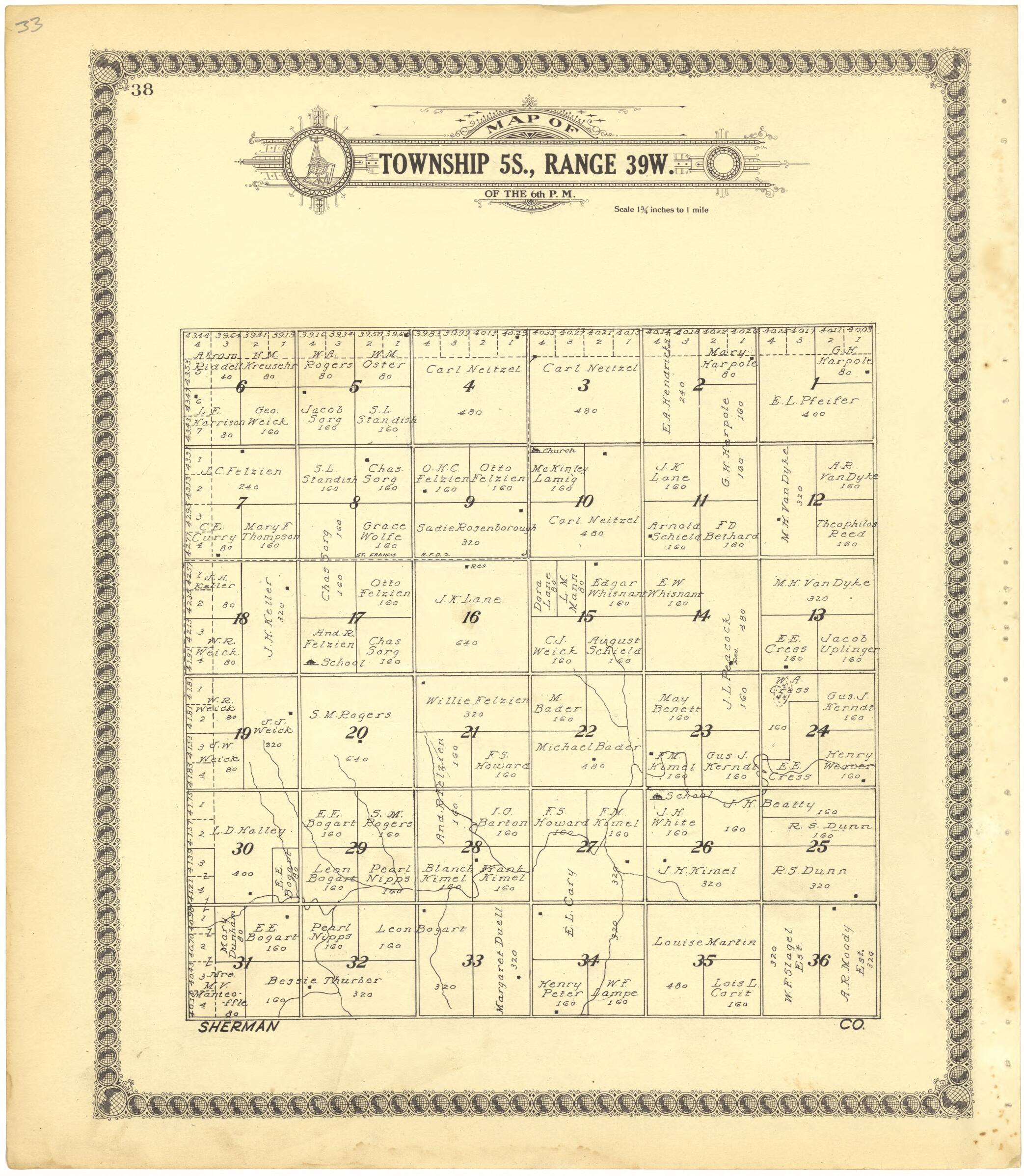 This old map of Map of Township 5S., Range 39W. of the 6th P.M. from Standard Atlas of Cheyenne County, Kansas from 1928 was created by Brock & Company in 1928