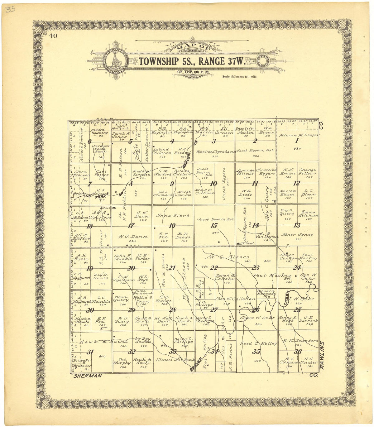 Map of Township 5S., Range 37W. of the 6th P.M. from Standard Atlas of Cheyenne County, Kansas 1928 by Relic Map Company