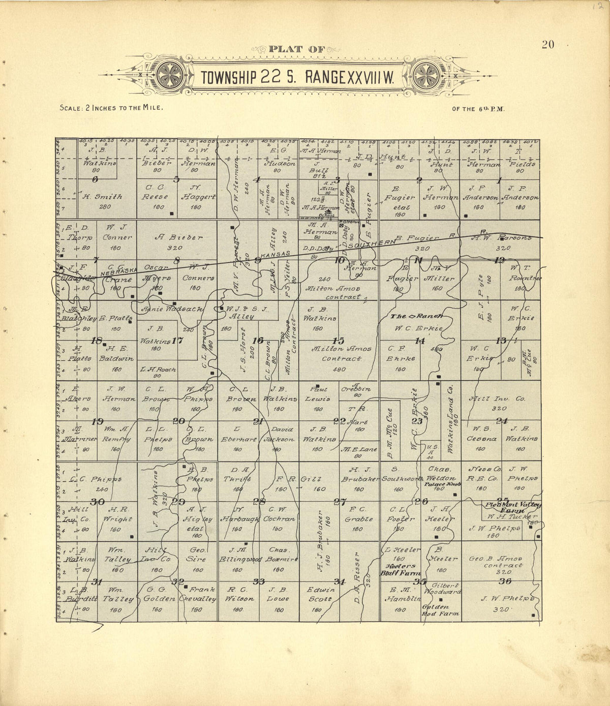 Plat of Township 22 S. Range XXVIII W. from Plat Book of Finney County, Kansas 1911 by Relic Map Company