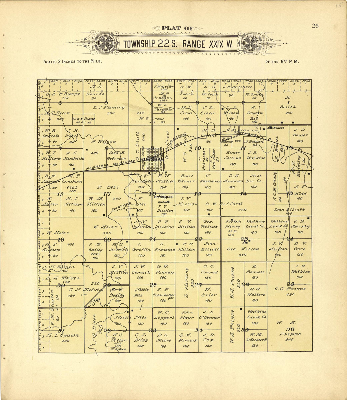 Plat of Township 22 S. Range XXIX W. from Plat Book of Finney County, Kansas 1911 by Relic Map Company