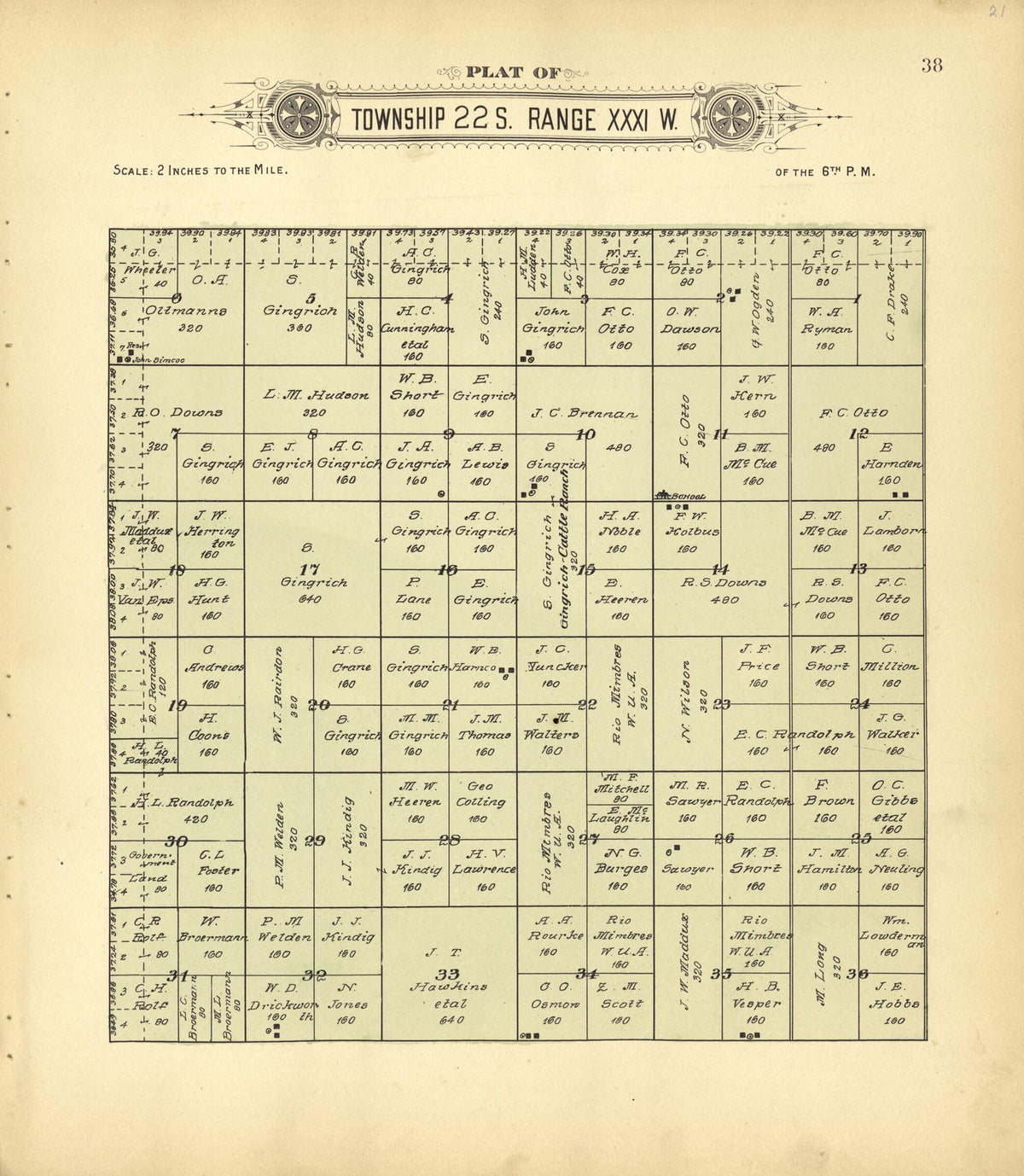 Plat of Township 22 S. Range XXXI W. from Plat Book of Finney County, Kansas 1911 by Relic Map Company