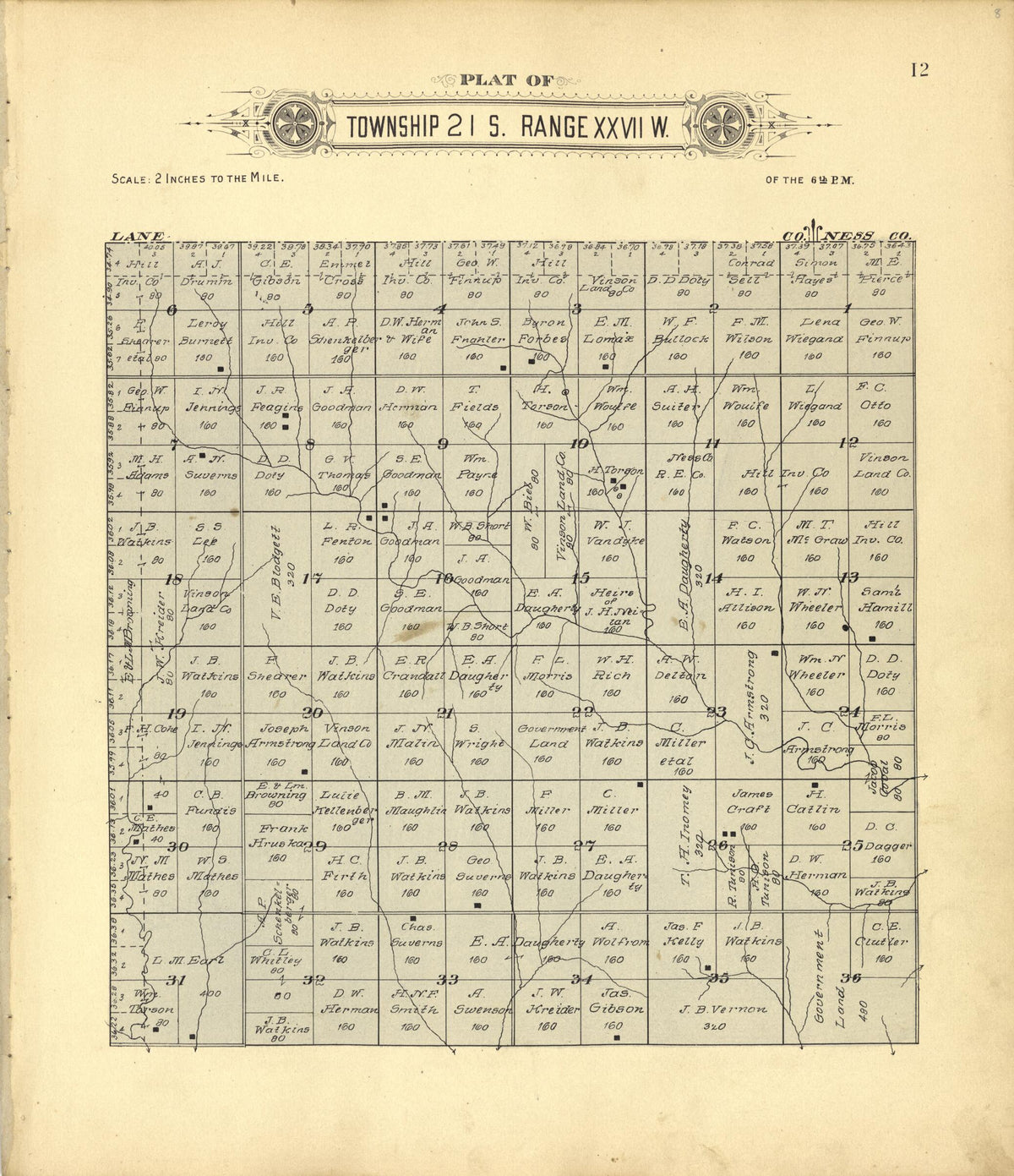 Plat of Township 21 S. Range XXVII W. from Plat Book of Finney County, Kansas 1911 by Relic Map Company