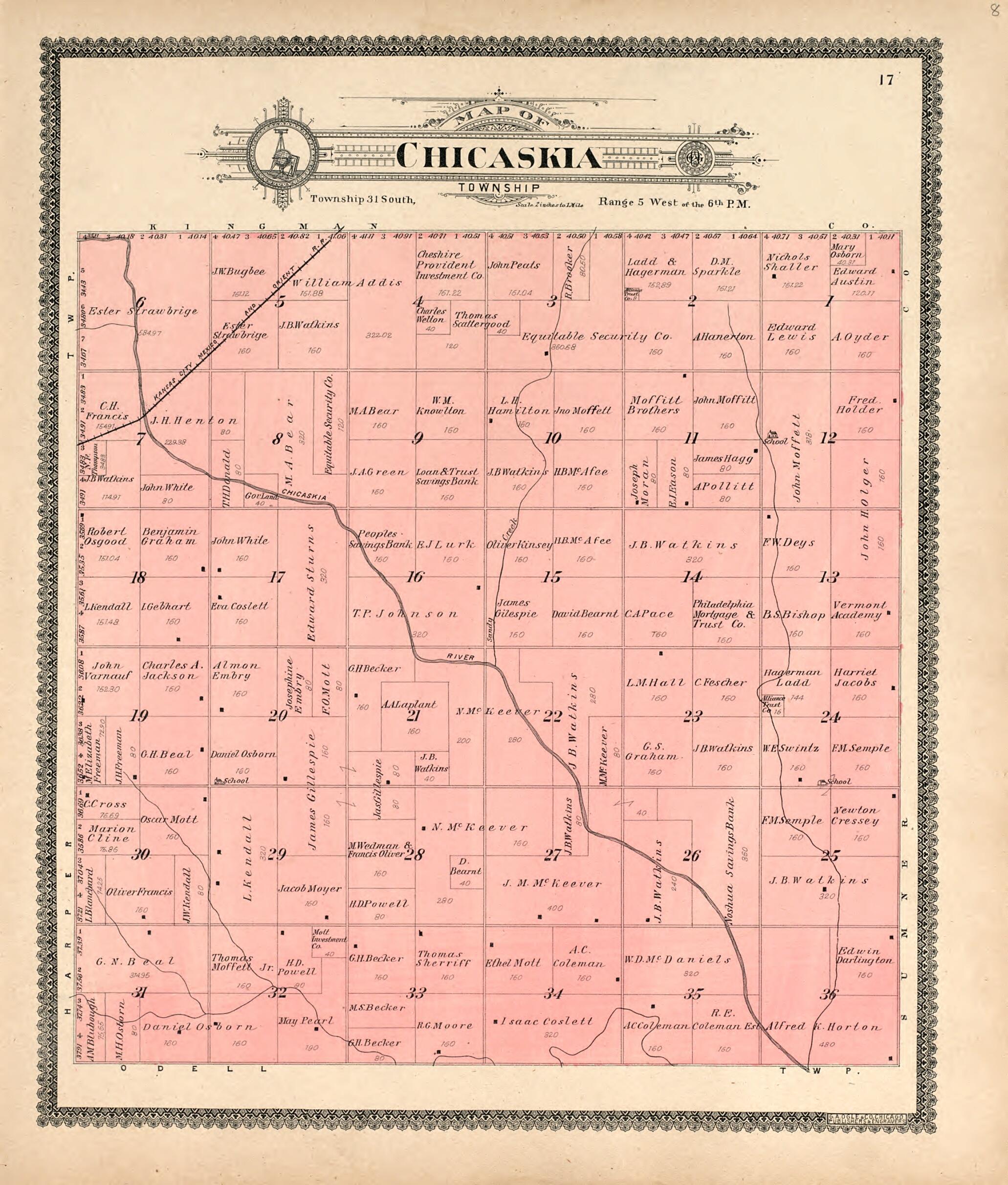 This old map of Chikaskia Township from Standard Atlas of Harper County, Kansas from 1902 was created by Geo. A. Ogle & Co in 1902
