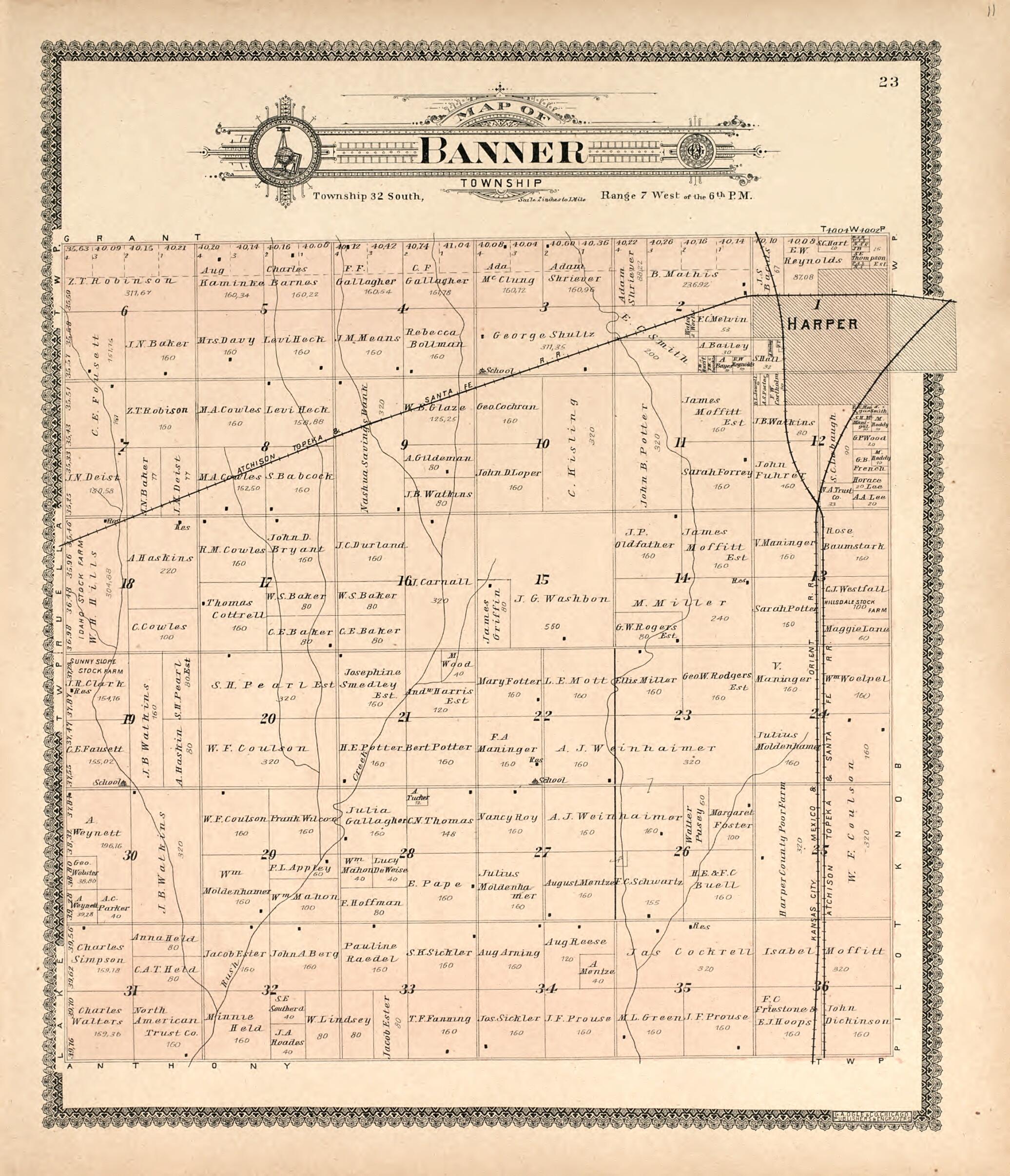 This old map of Map of Banner Township from Standard Atlas of Harper County, Kansas from 1902 was created by Geo. A. Ogle & Co in 1902