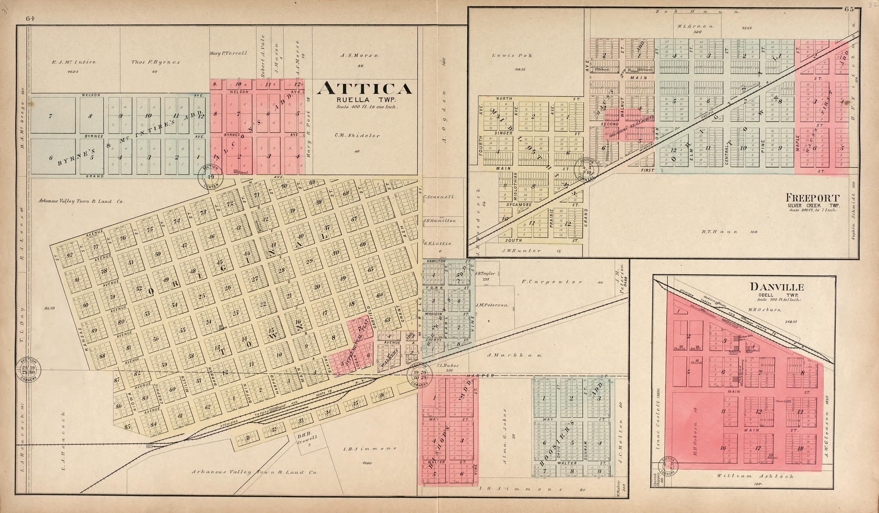 This old map of Attica, Ruella Twp.; Freeport, Silver Creek Twp.; Danville, Odelle Twp. from Standard Atlas of Harper County, Kansas from 1902 was created by Geo. A. Ogle & Co in 1902