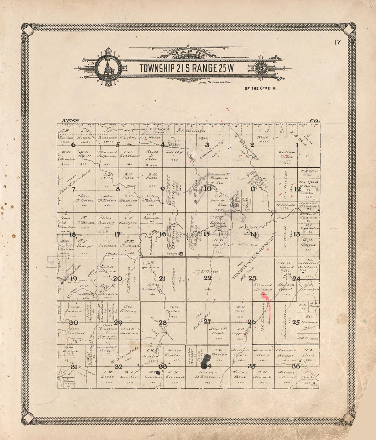 Map of Township 21 S Range 25 W from Standard Atlas of Hodgeman County, Kansas 1907 by Relic Map Company