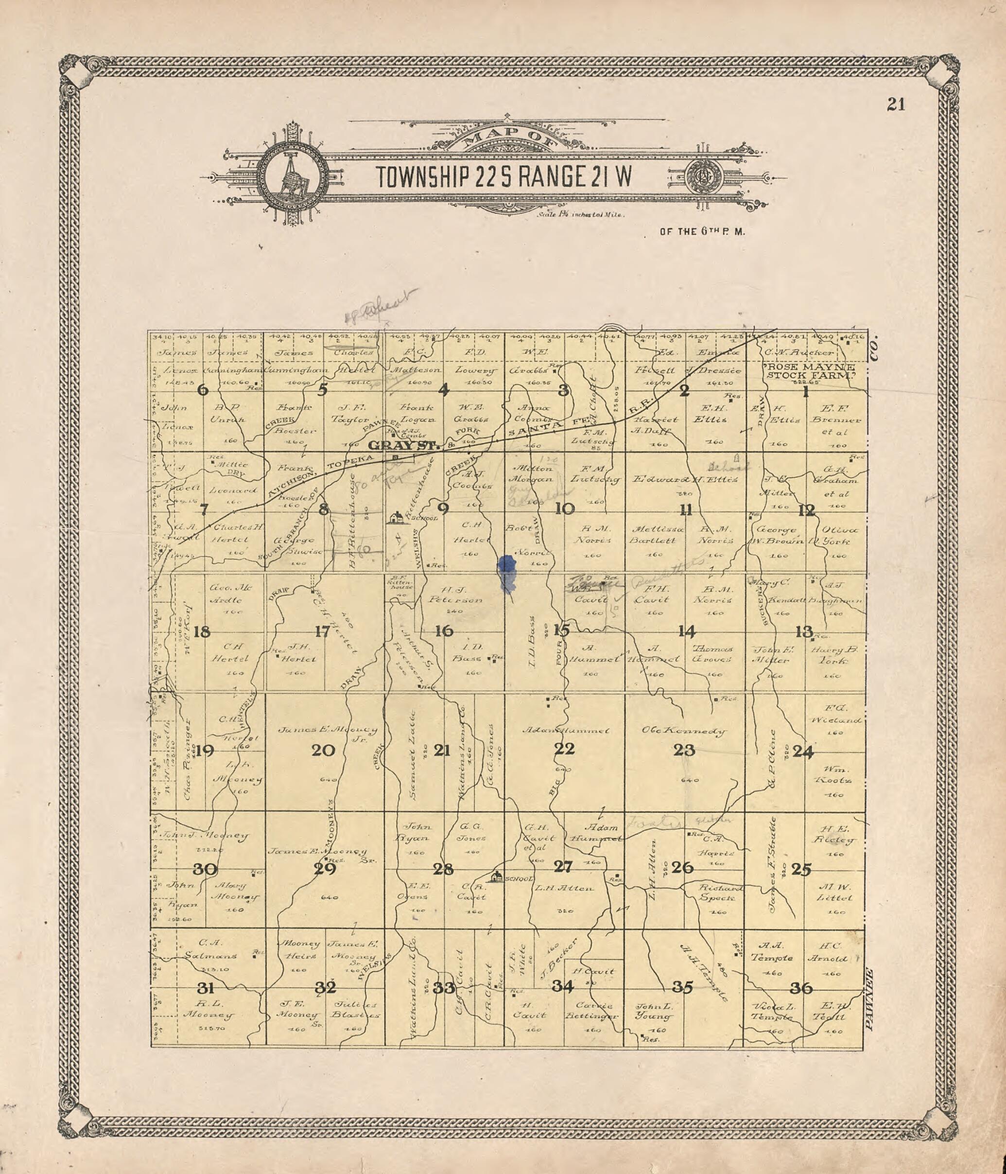 This old map of Map of Township 22 S Range 21 W from Standard Atlas of Hodgeman County, Kansas from 1907 was created by Geo. A. Ogle & Co in 1907