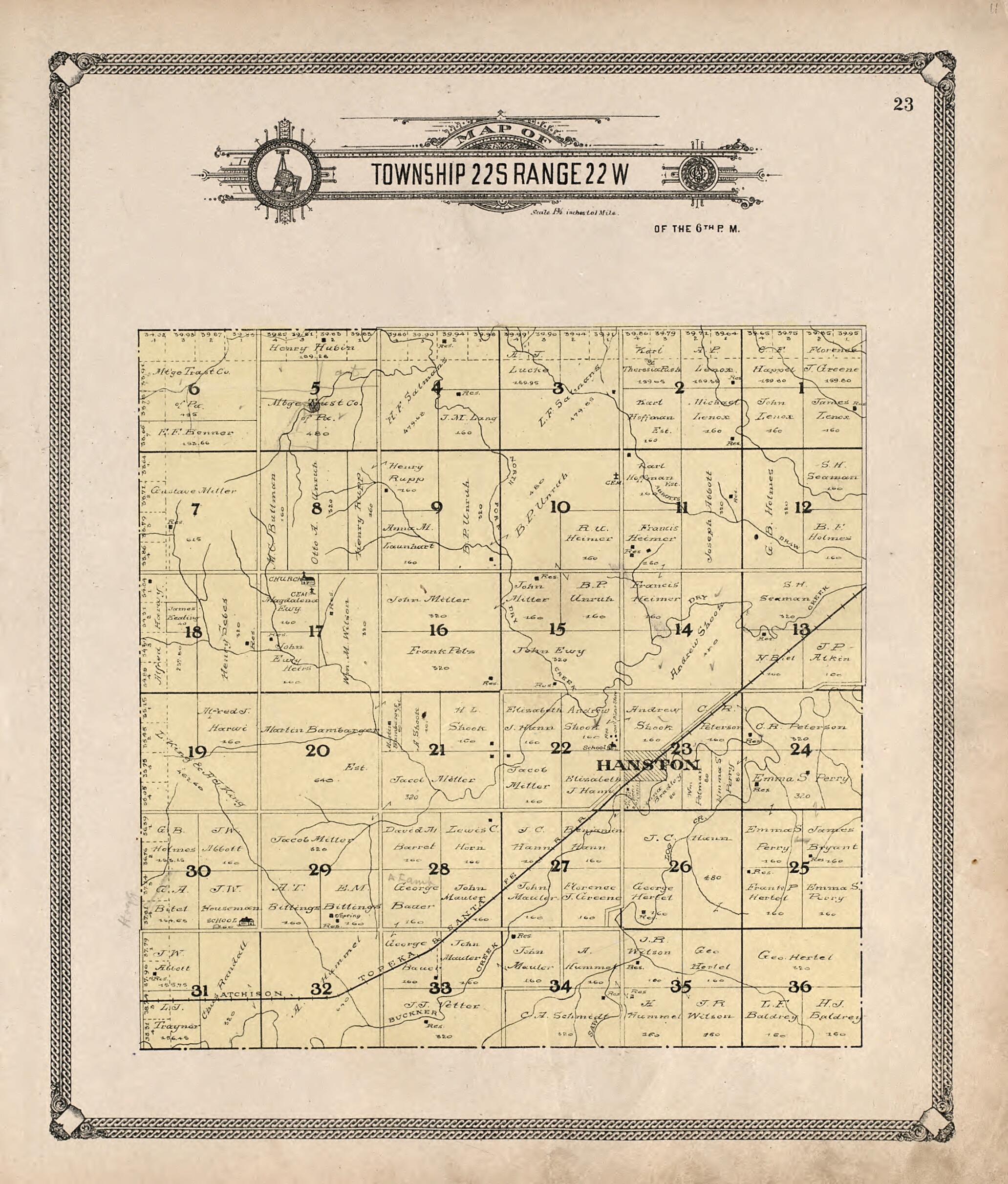 This old map of Map of Township 22 S Range 22 W from Standard Atlas of Hodgeman County, Kansas from 1907 was created by Geo. A. Ogle & Co in 1907
