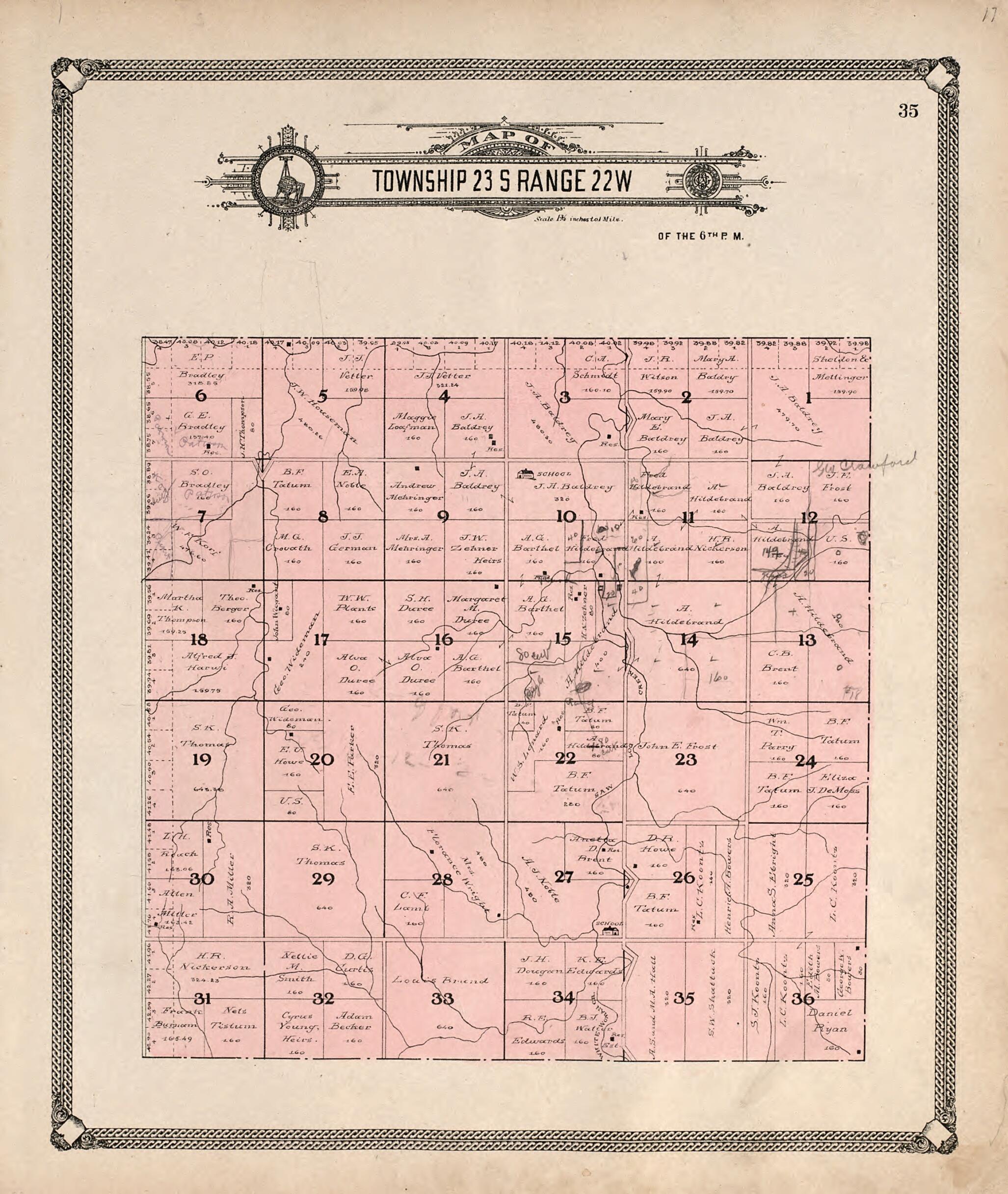 This old map of Map of Township 23 S Range 22 W from Standard Atlas of Hodgeman County, Kansas from 1907 was created by Geo. A. Ogle & Co in 1907
