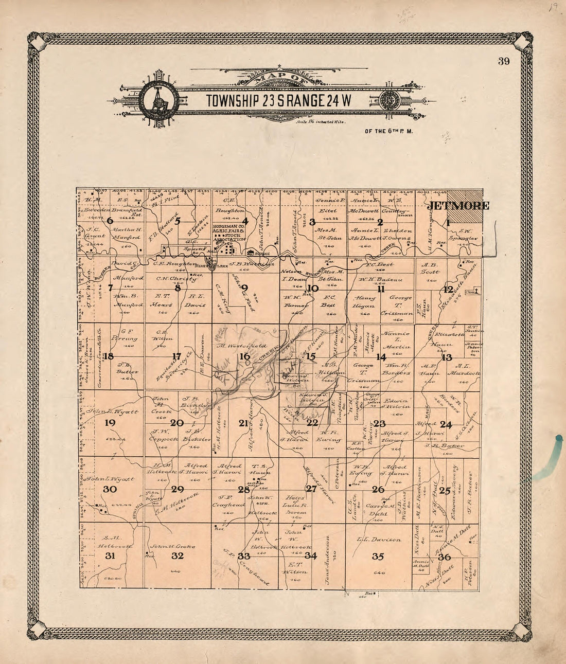 This old map of Map of Township 23 S Range 24 W from Standard Atlas of Hodgeman County, Kansas from 1907 was created by Geo. A. Ogle & Co in 1907
