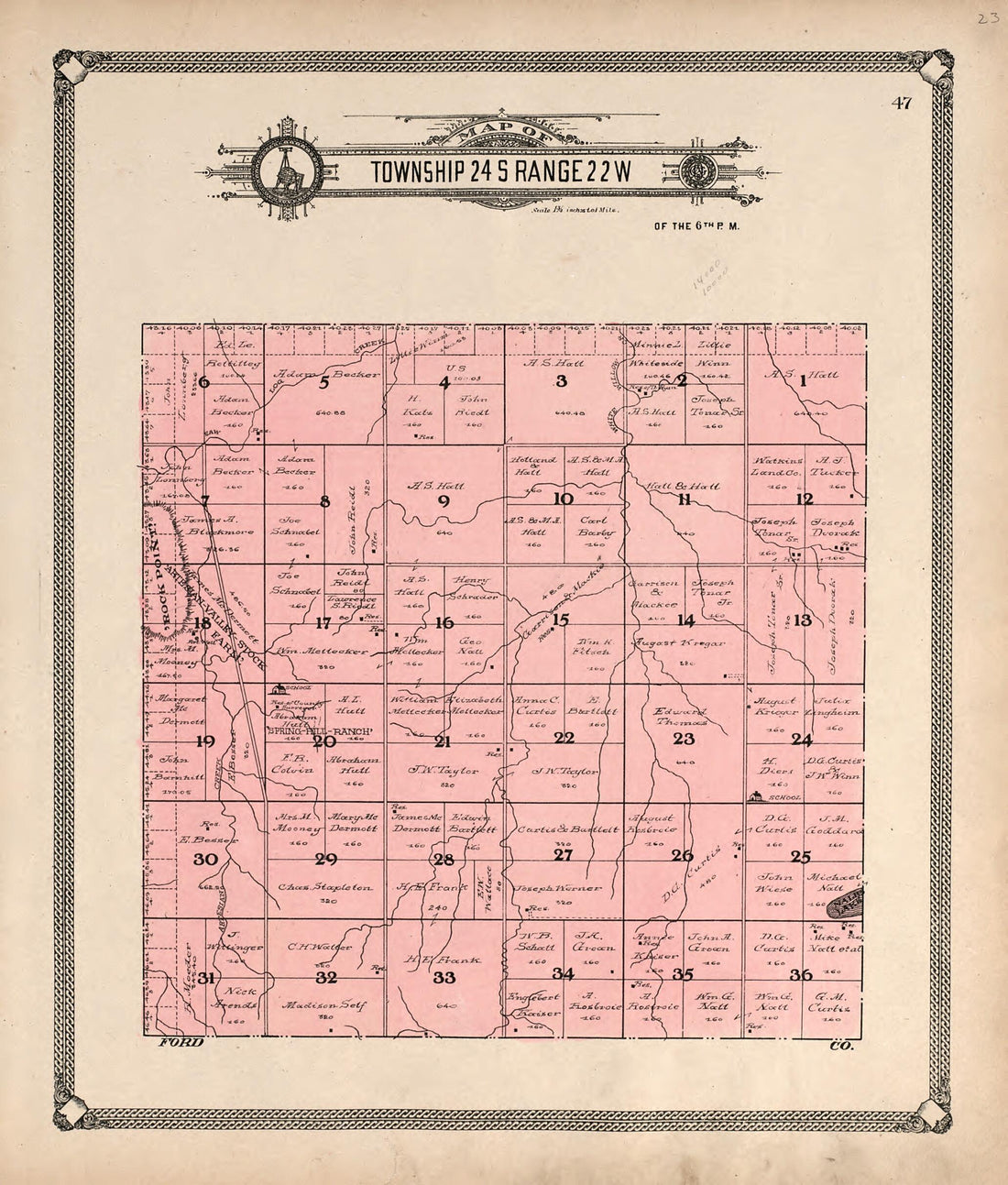 This old map of Map of Township 24 S Range 22 W from Standard Atlas of Hodgeman County, Kansas from 1907 was created by Geo. A. Ogle & Co in 1907