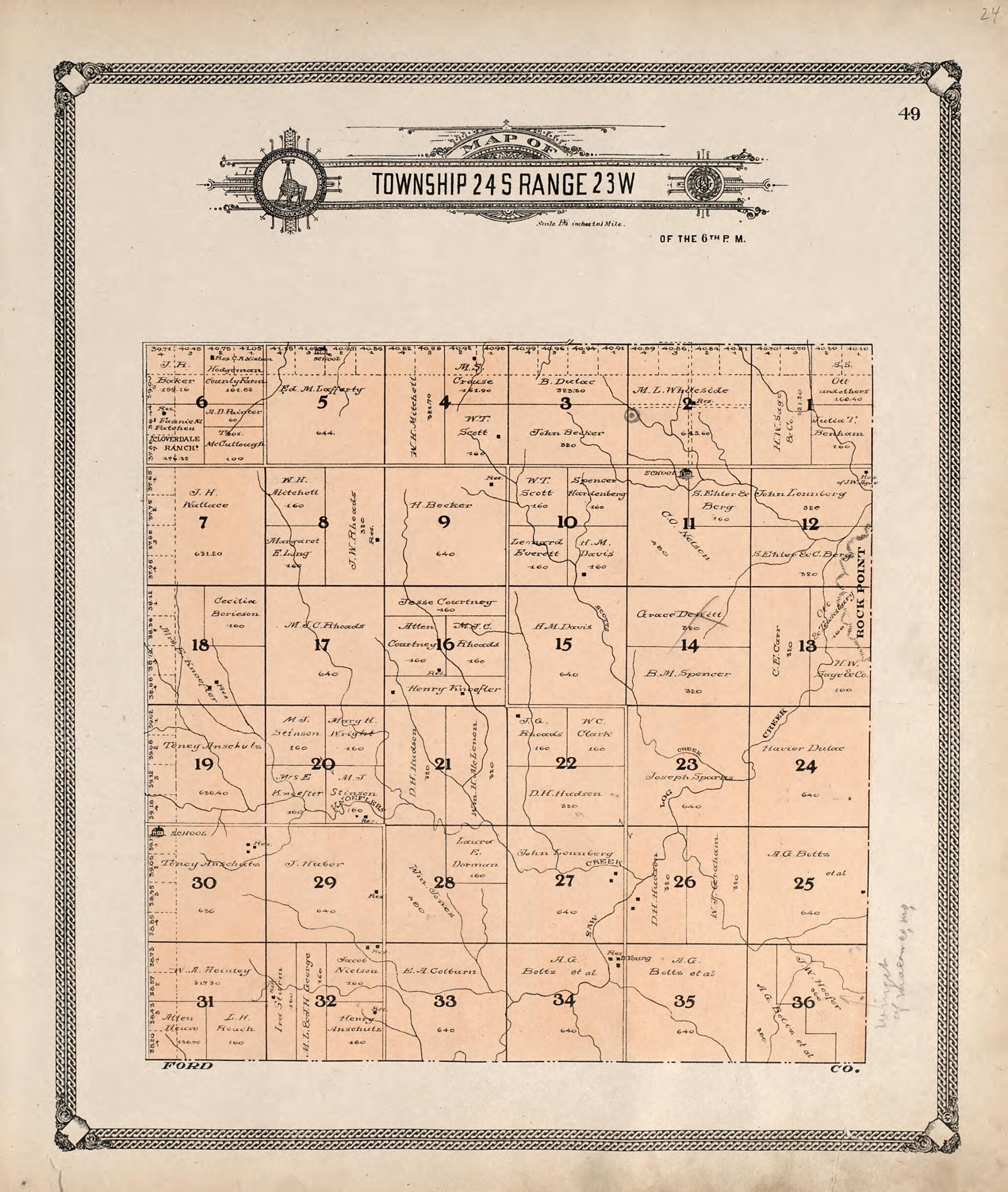This old map of Map of Township 24 S Range 23 W from Standard Atlas of Hodgeman County, Kansas from 1907 was created by Geo. A. Ogle & Co in 1907