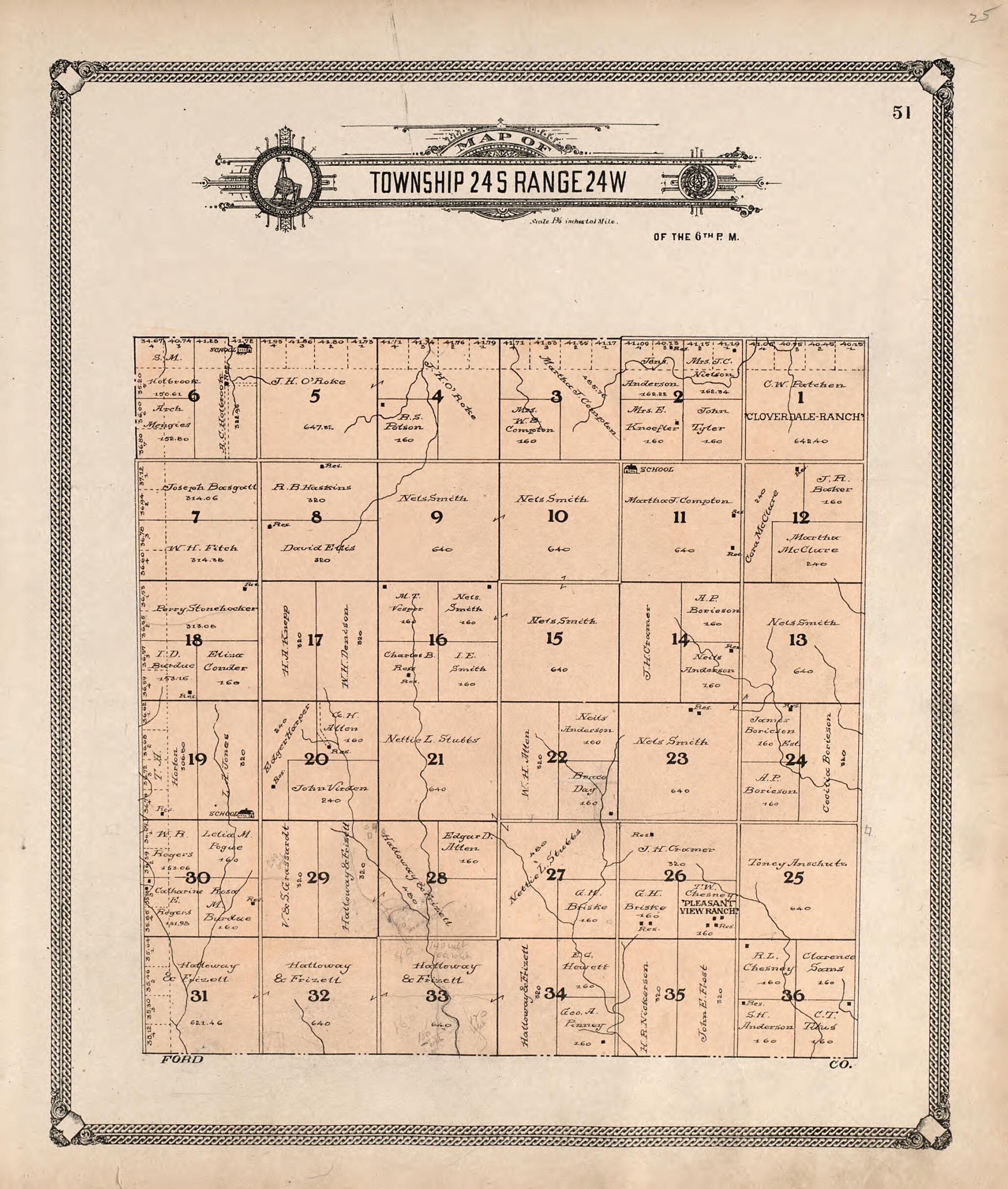 This old map of Map of Township 24 S Range 24 W from Standard Atlas of Hodgeman County, Kansas from 1907 was created by Geo. A. Ogle & Co in 1907