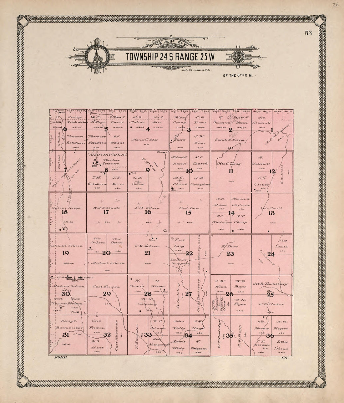 This old map of Map of Township 24 S Range 25 W from Standard Atlas of Hodgeman County, Kansas from 1907 was created by Geo. A. Ogle & Co in 1907