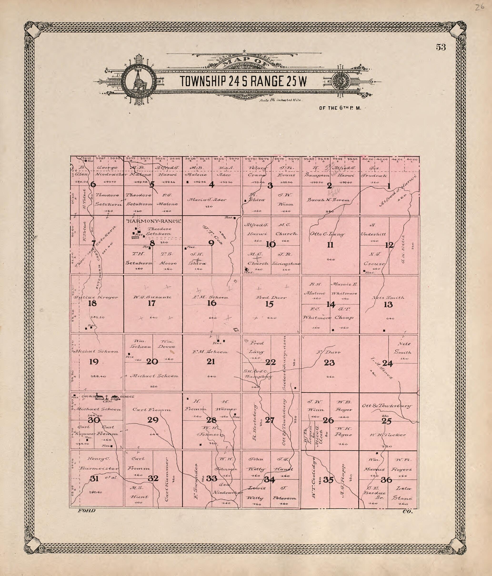 This old map of Map of Township 24 S Range 25 W from Standard Atlas of Hodgeman County, Kansas from 1907 was created by Geo. A. Ogle & Co in 1907
