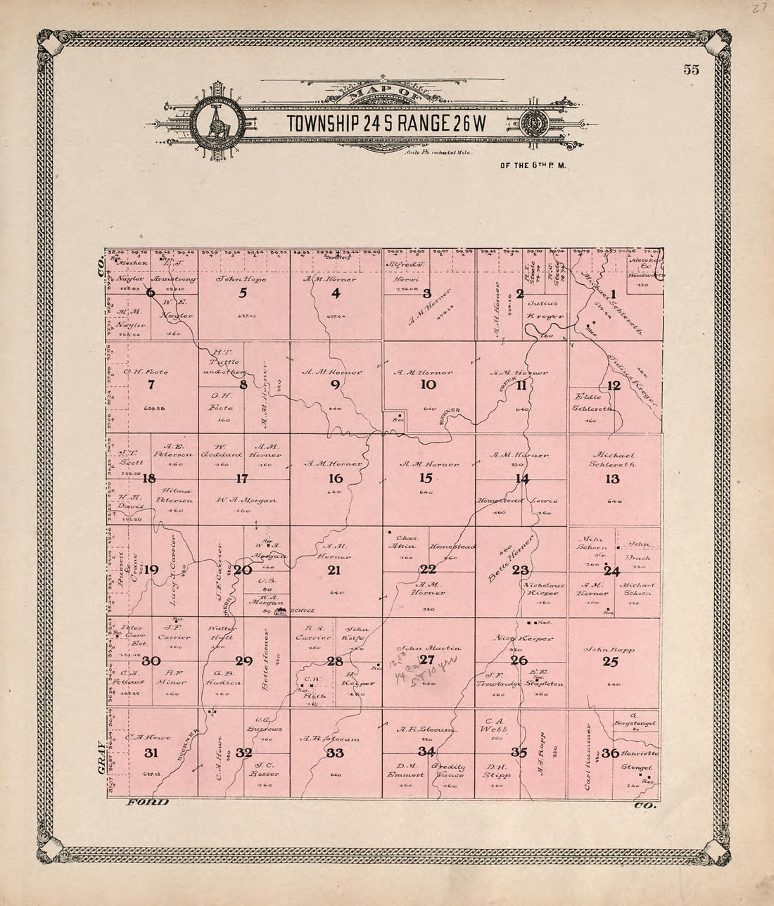 This old map of Map of Township 24 S Range 26 W from Standard Atlas of Hodgeman County, Kansas from 1907 was created by Geo. A. Ogle & Co in 1907