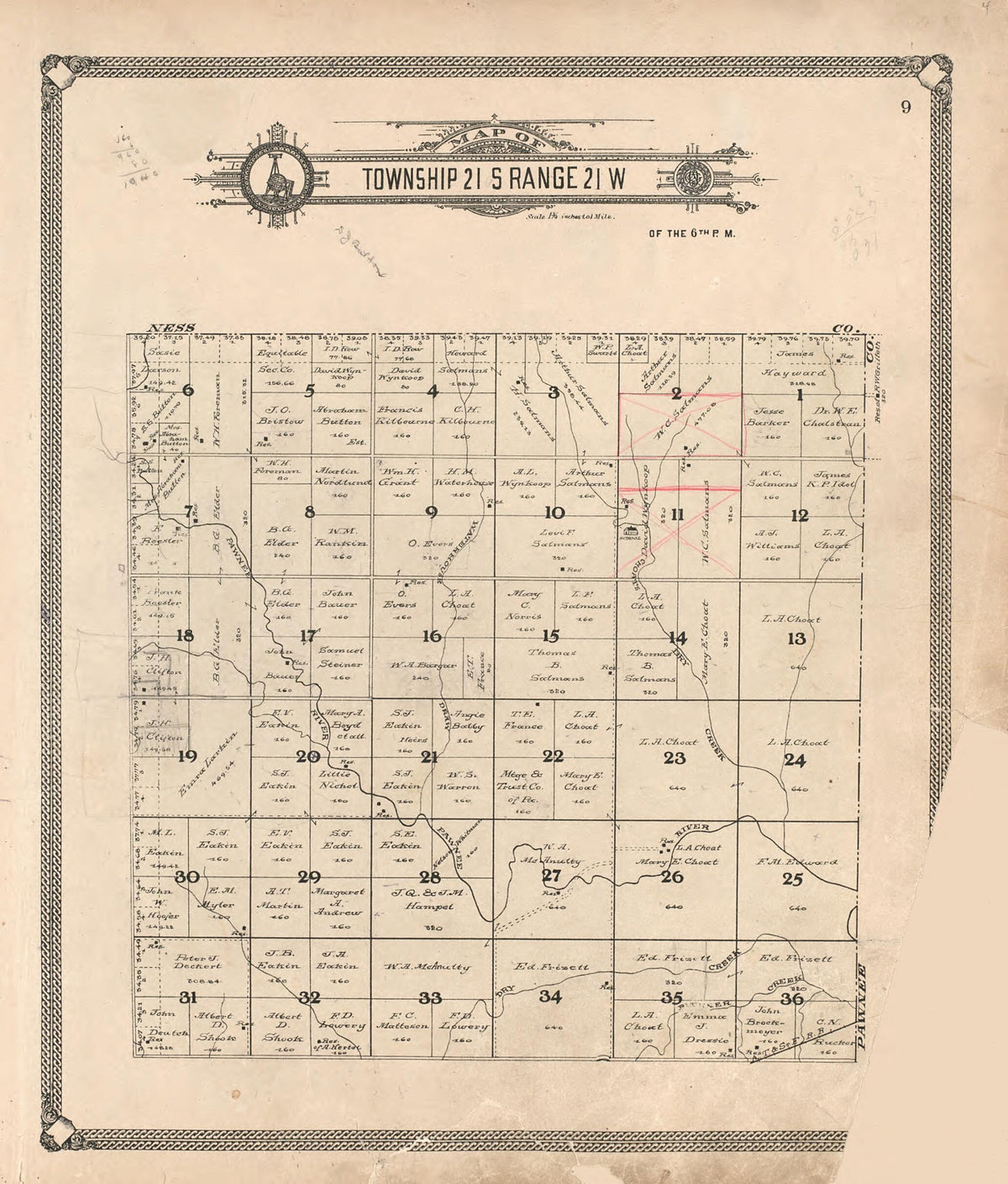 Map of Township 21 S Range 21 W from Standard Atlas of Hodgeman County, Kansas 1907 by Relic Map Company