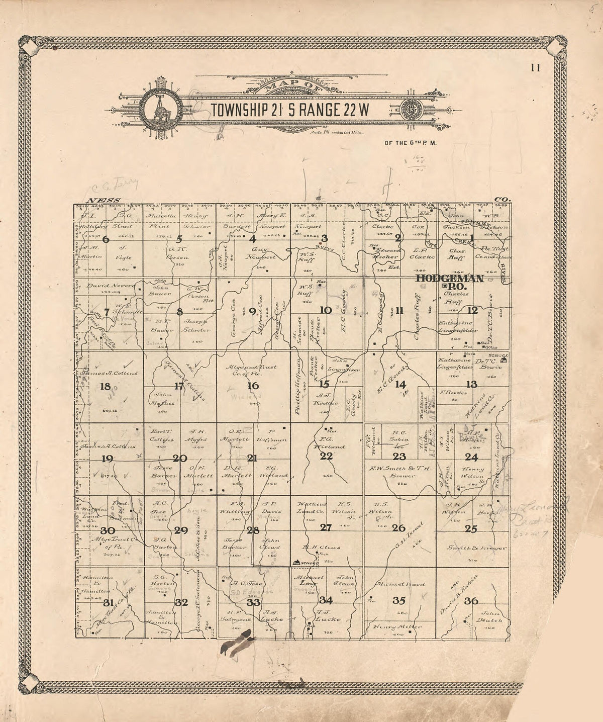 Map of Township 21 S Range 22 W from Standard Atlas of Hodgeman County, Kansas 1907 by Relic Map Company