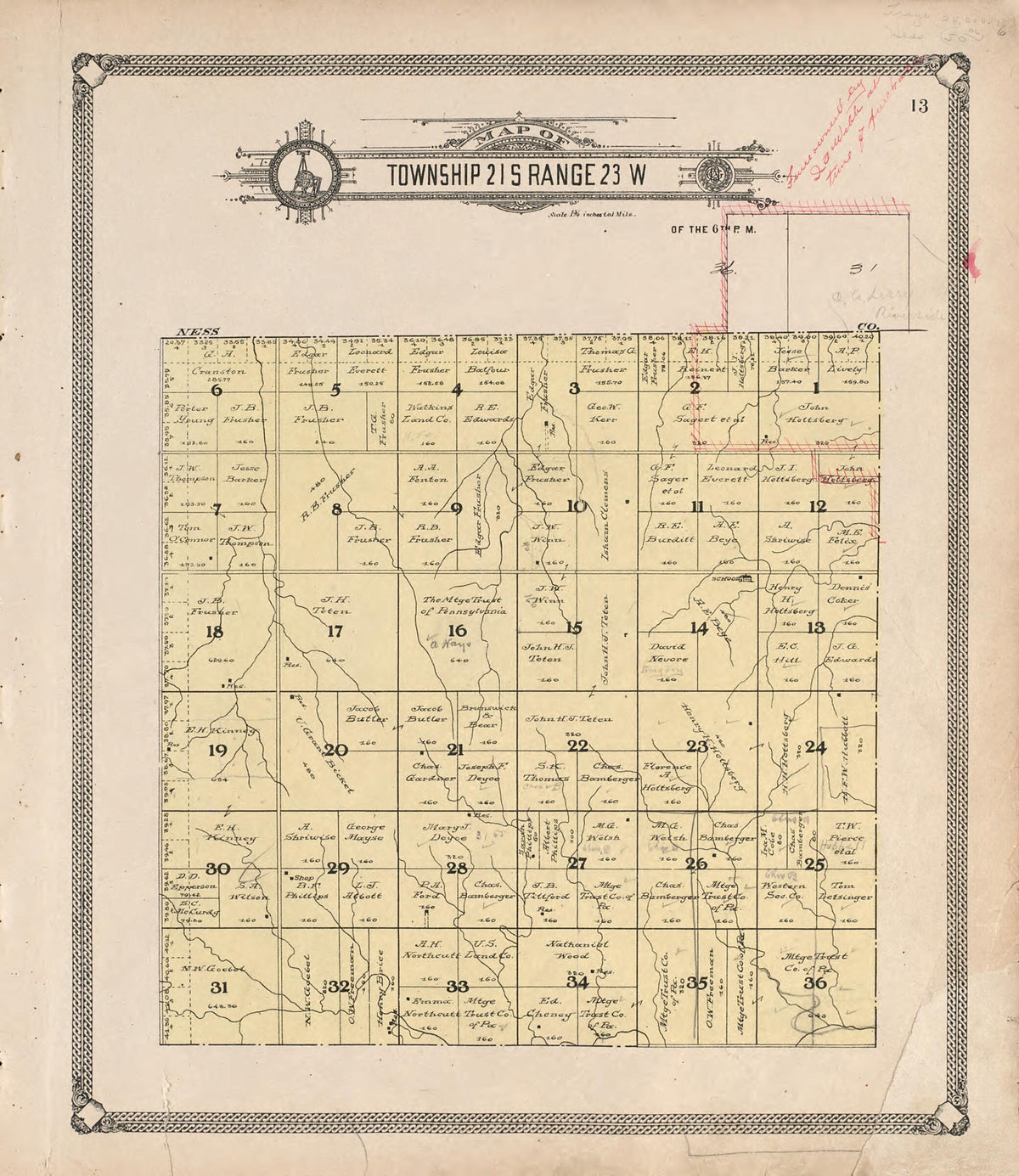 Map of Township 21 S Range 23 W from Standard Atlas of Hodgeman County, Kansas 1907 by Relic Map Company