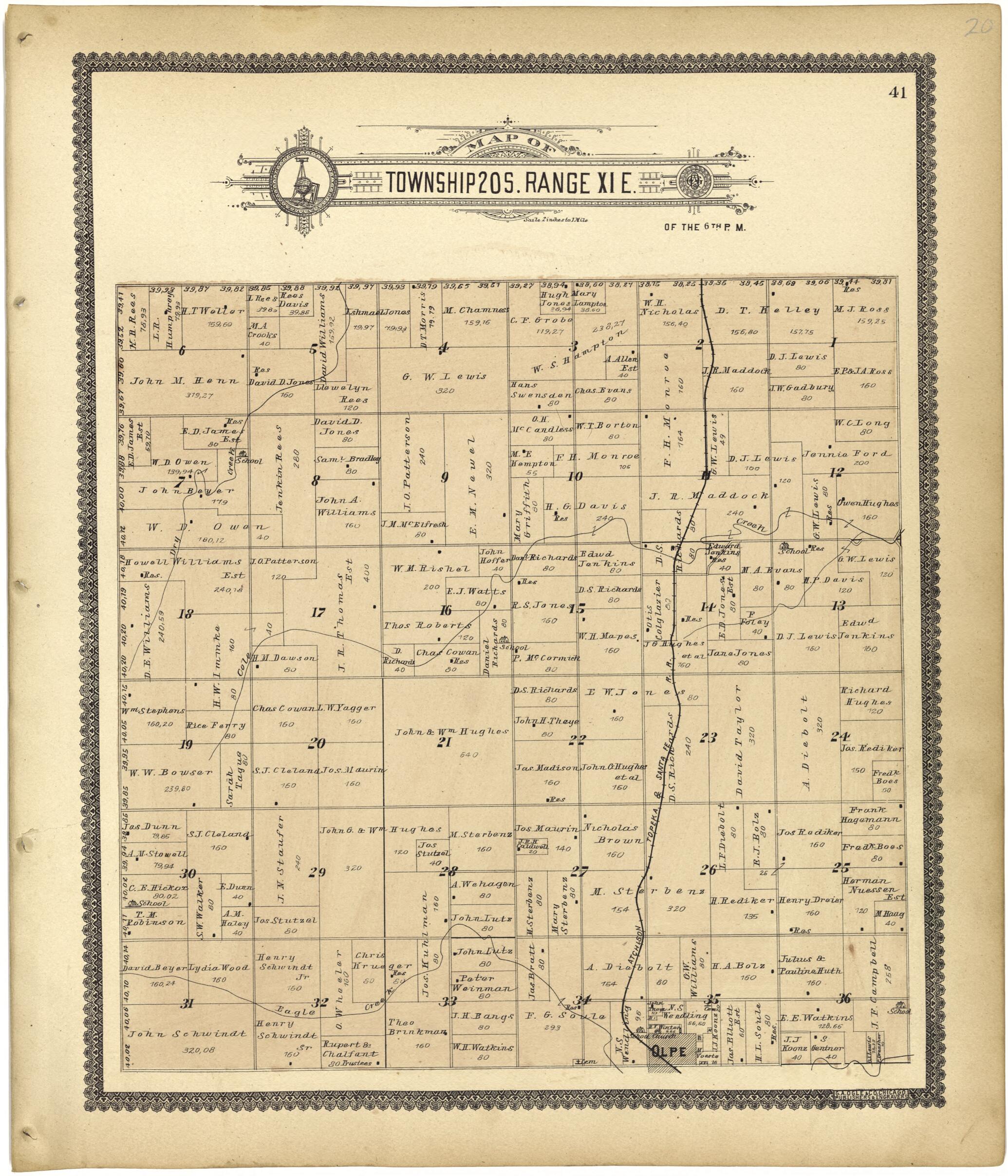 This old map of Map of Township 20 S. Range XI E. from Standard Atlas of Lyon County, Kansas from 1901 was created by Geo. A. Ogle & Co in 1901