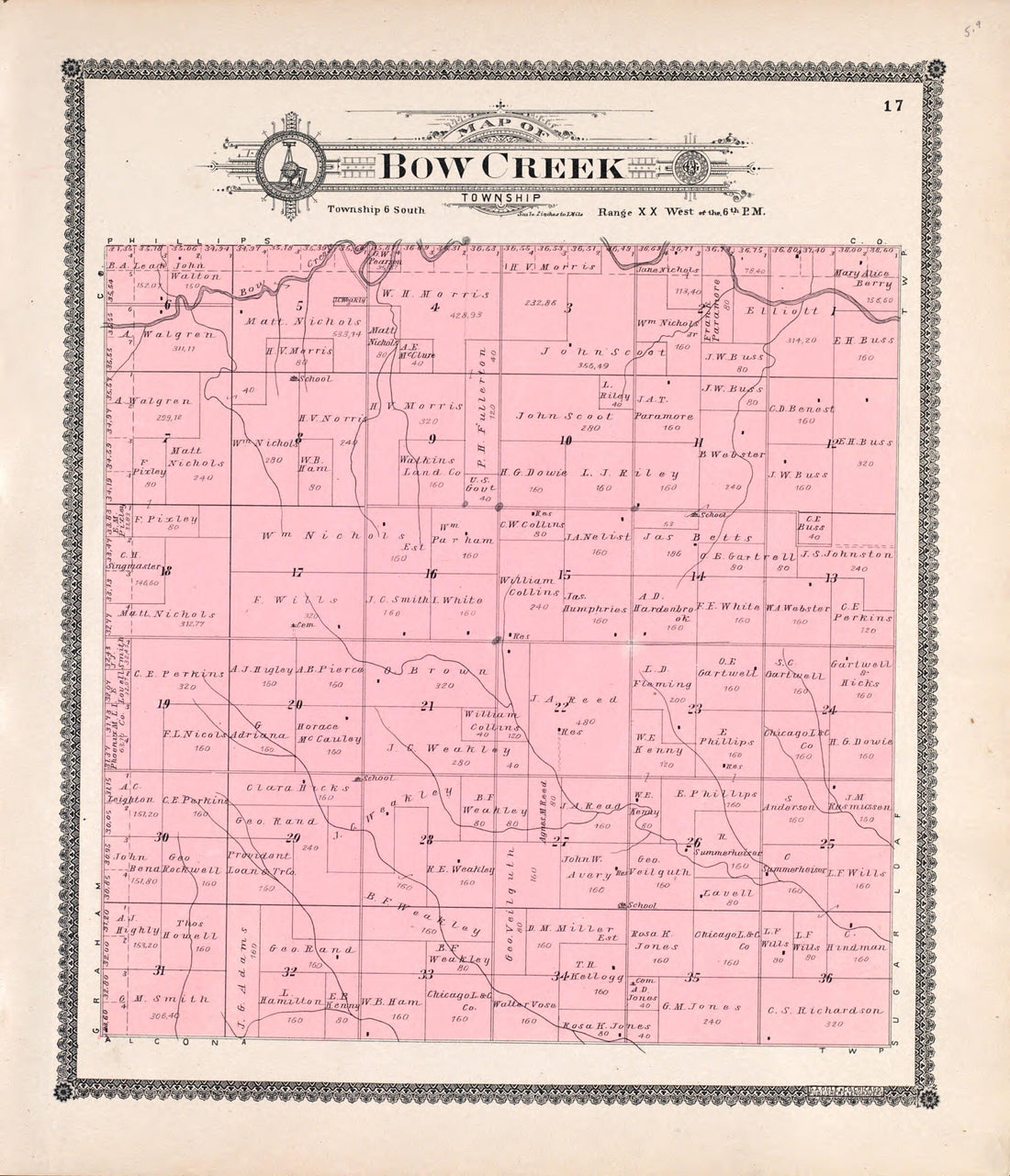 This old map of Bow Creek from Standard Atlas of Rooks County, Kansas from 1904 was created by Geo. A. Ogle & Co in 1904