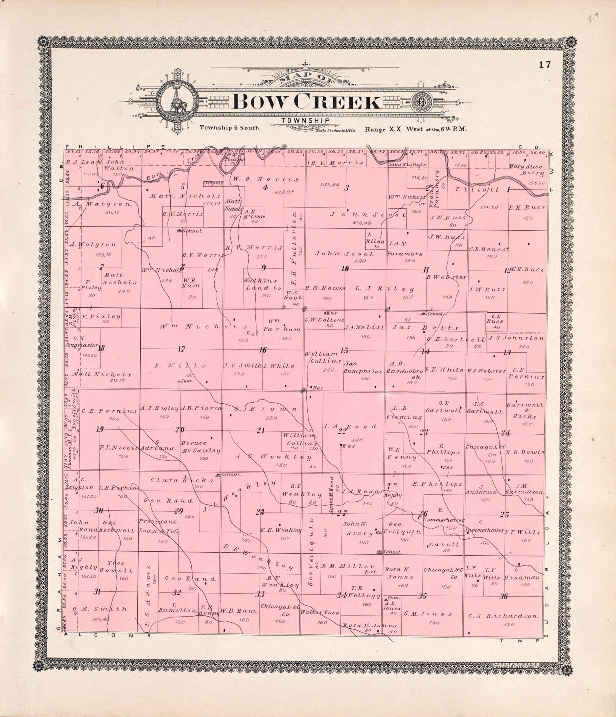 This old map of Bow Creek from Standard Atlas of Rooks County, Kansas from 1904 was created by Geo. A. Ogle & Co in 1904