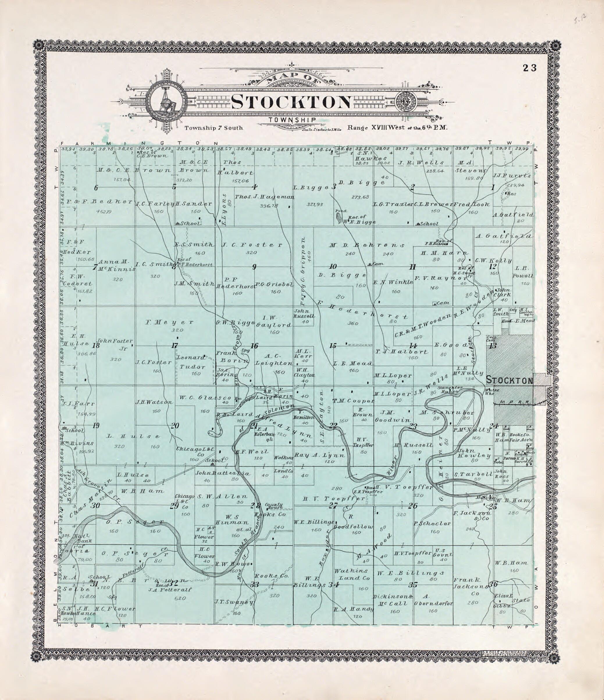 This old map of Stockton from Standard Atlas of Rooks County, Kansas from 1904 was created by Geo. A. Ogle & Co in 1904