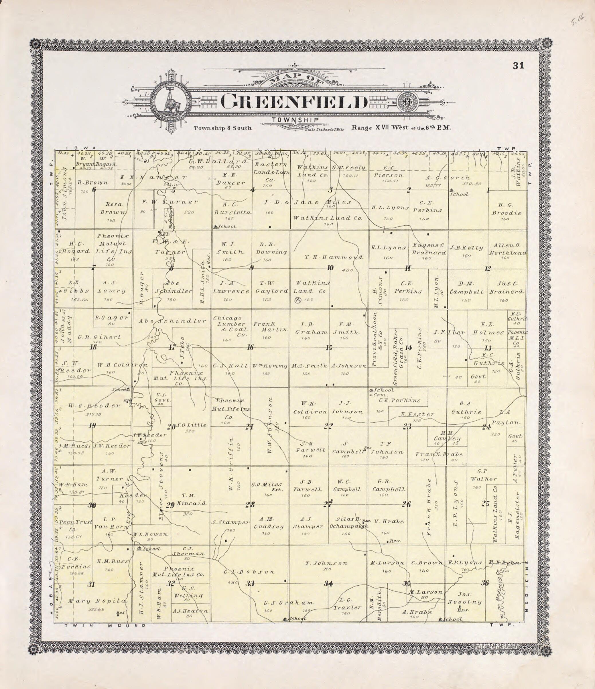 This old map of Greenfield from Standard Atlas of Rooks County, Kansas from 1904 was created by Geo. A. Ogle & Co in 1904