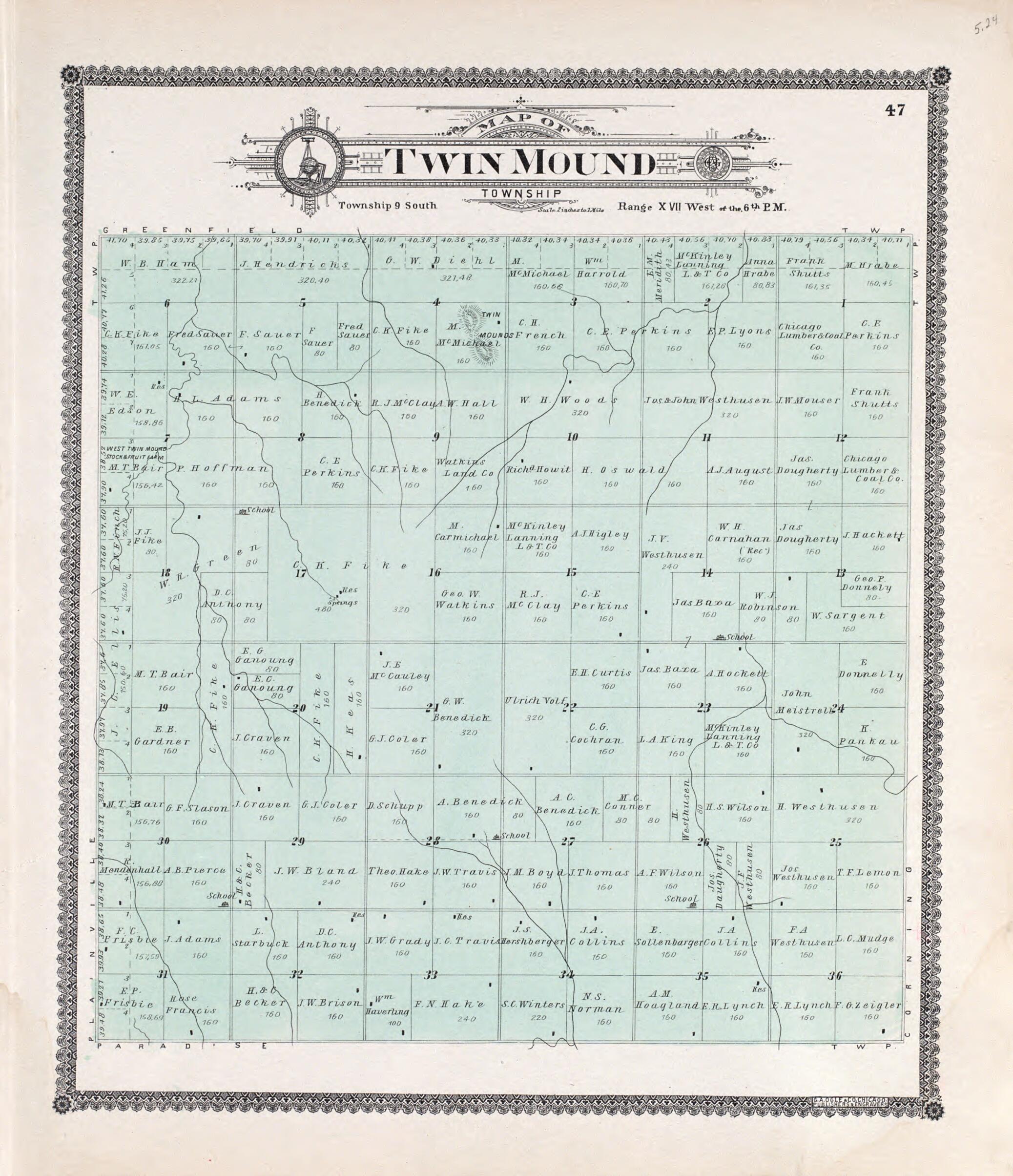 This old map of Twin Mound from Standard Atlas of Rooks County, Kansas from 1904 was created by Geo. A. Ogle & Co in 1904