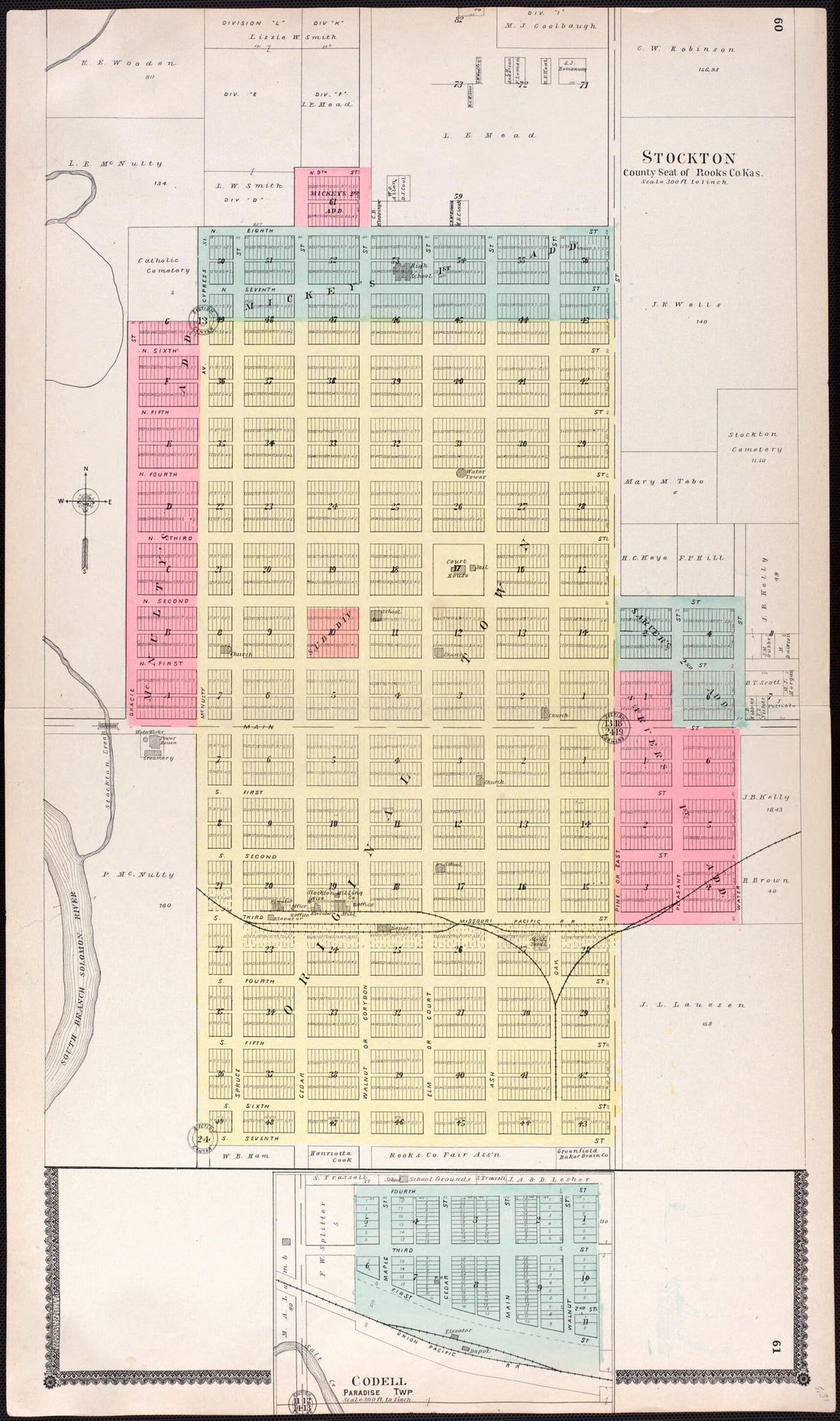 This old map of Stockton from Standard Atlas of Rooks County, Kansas from 1904 was created by Geo. A. Ogle & Co in 1904
