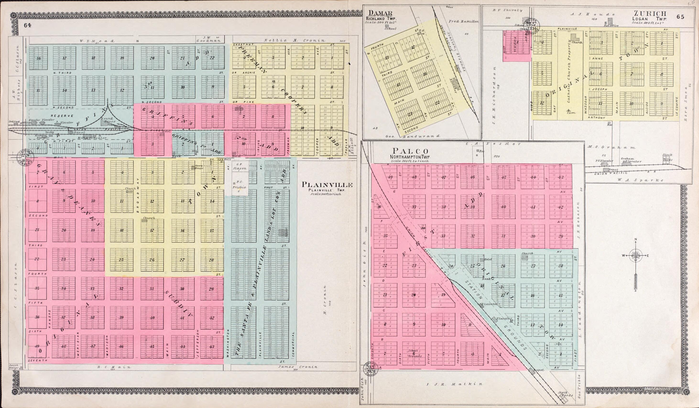 This old map of Plainville, Palco, Damar, Zurich from Standard Atlas of Rooks County, Kansas from 1904 was created by Geo. A. Ogle & Co in 1904