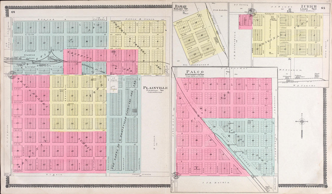 This old map of Plainville, Palco, Damar, Zurich from Standard Atlas of Rooks County, Kansas from 1904 was created by Geo. A. Ogle & Co in 1904