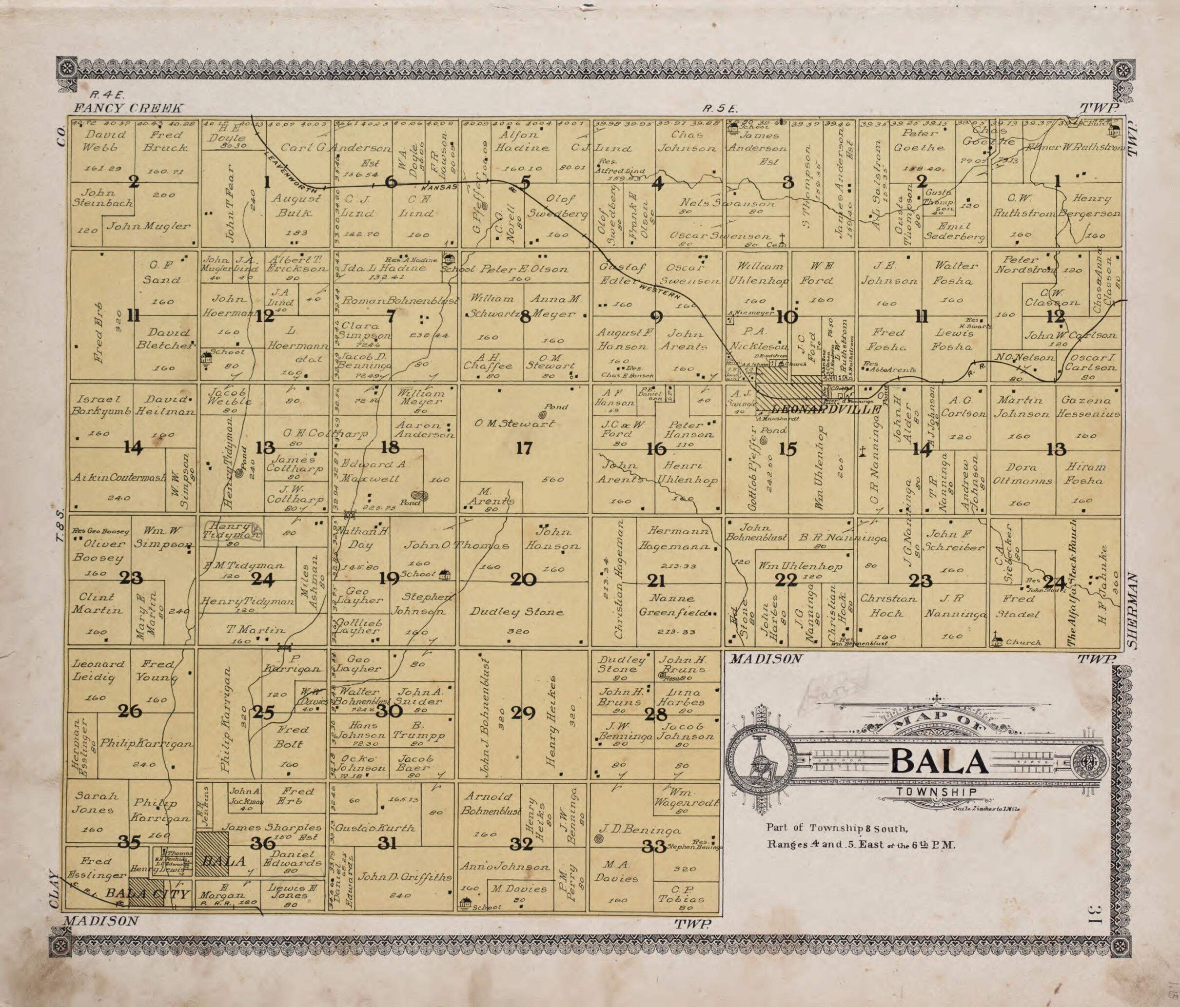 This old map of Map of Bala Township from Standard Atlas of Riley County, Kansas from 1909 was created by Geo. A. Ogle & Co in 1909