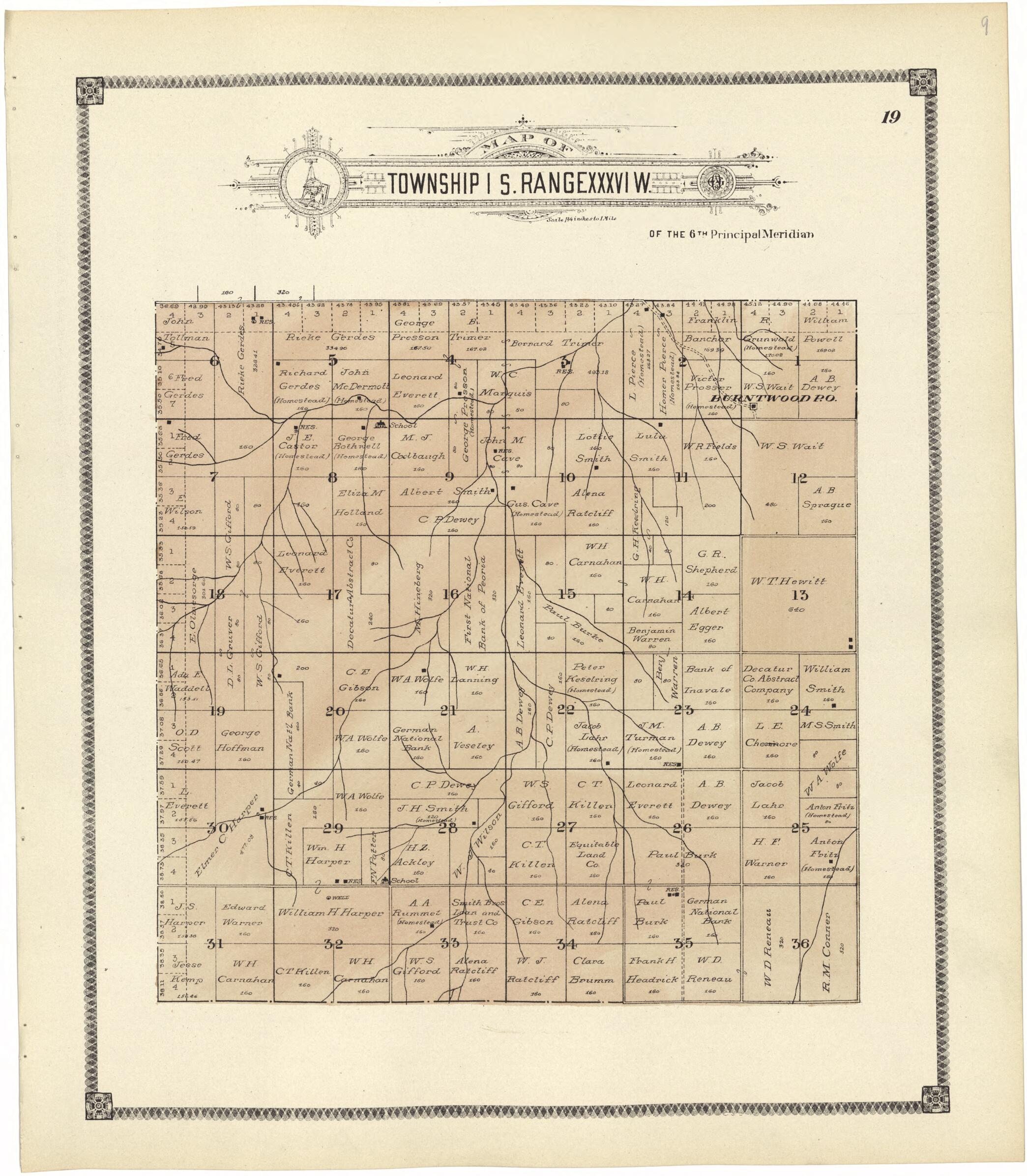 This old map of Map of Township 1 S. Range XXXVI W. from Standard Atlas of Rawlins County, Kansas from 1906 was created by Geo. A. Ogle & Co in 1906