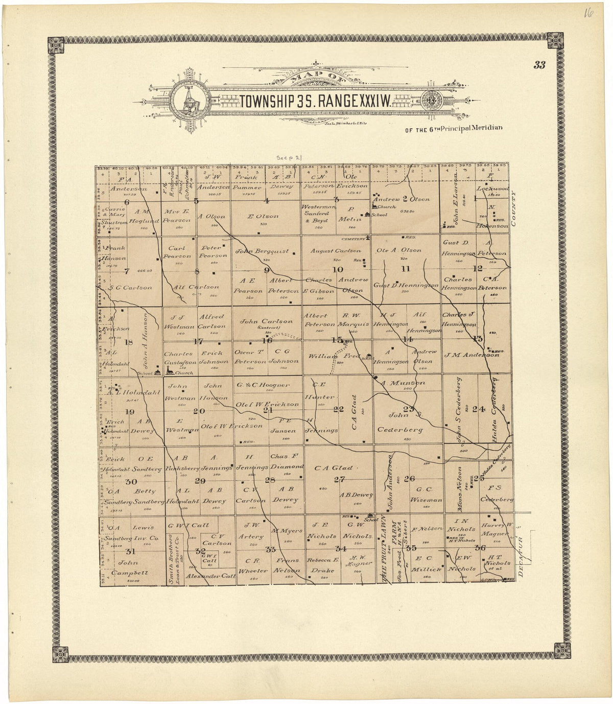 Map of Township 3 S. Range XXXI W. from Standard Atlas of Rawlins County, Kansas 1906 by Relic Map Company