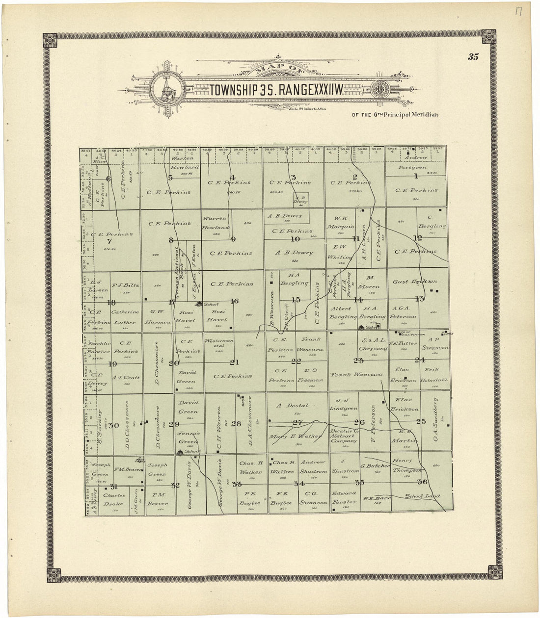 This old map of Map of Township 3 S. Range XXXII W. from Standard Atlas of Rawlins County, Kansas from 1906 was created by Geo. A. Ogle & Co in 1906