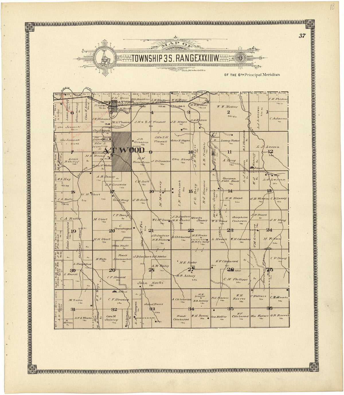 Map of Township 3 S. Range XXXIII W. from Standard Atlas of Rawlins County, Kansas 1906 by Relic Map Company