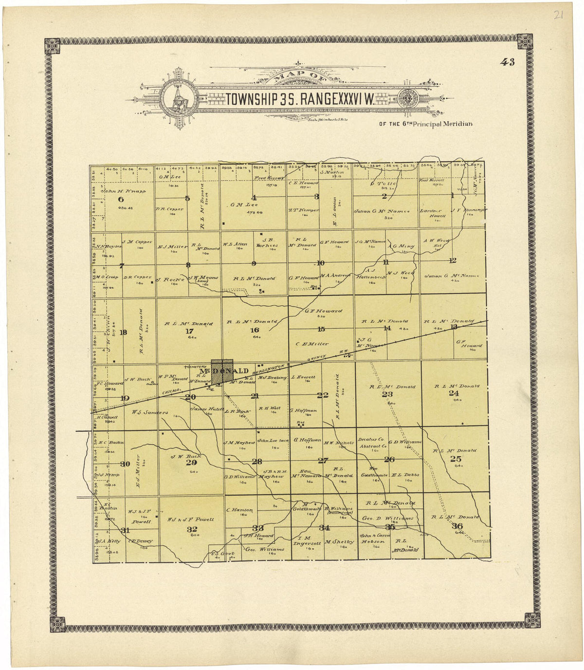 Map of Township 3 S. Range XXXVI W. from Standard Atlas of Rawlins County, Kansas 1906 by Relic Map Company