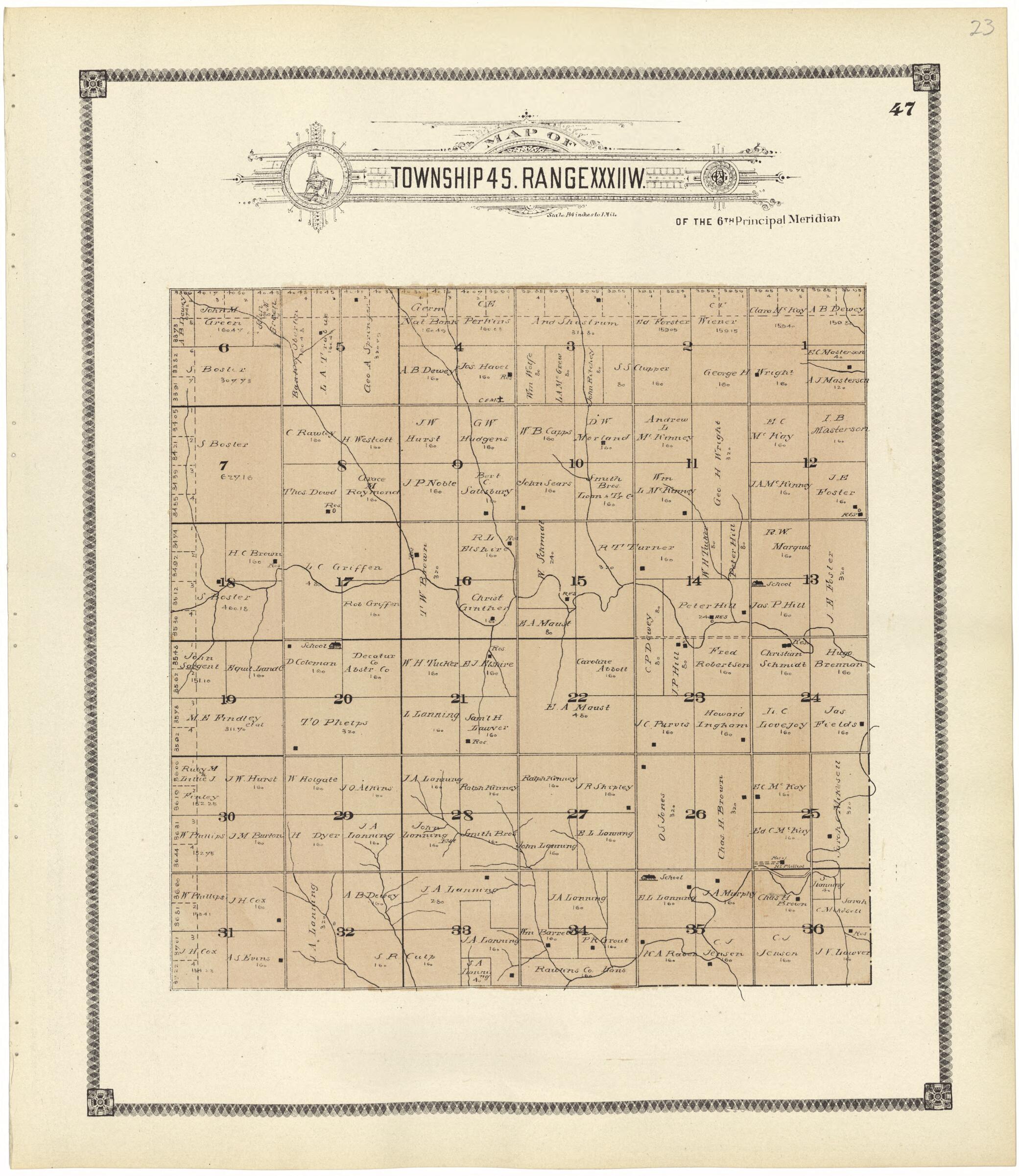 This old map of Map of Township 4 S. Range XXXII W. from Standard Atlas of Rawlins County, Kansas from 1906 was created by Geo. A. Ogle & Co in 1906