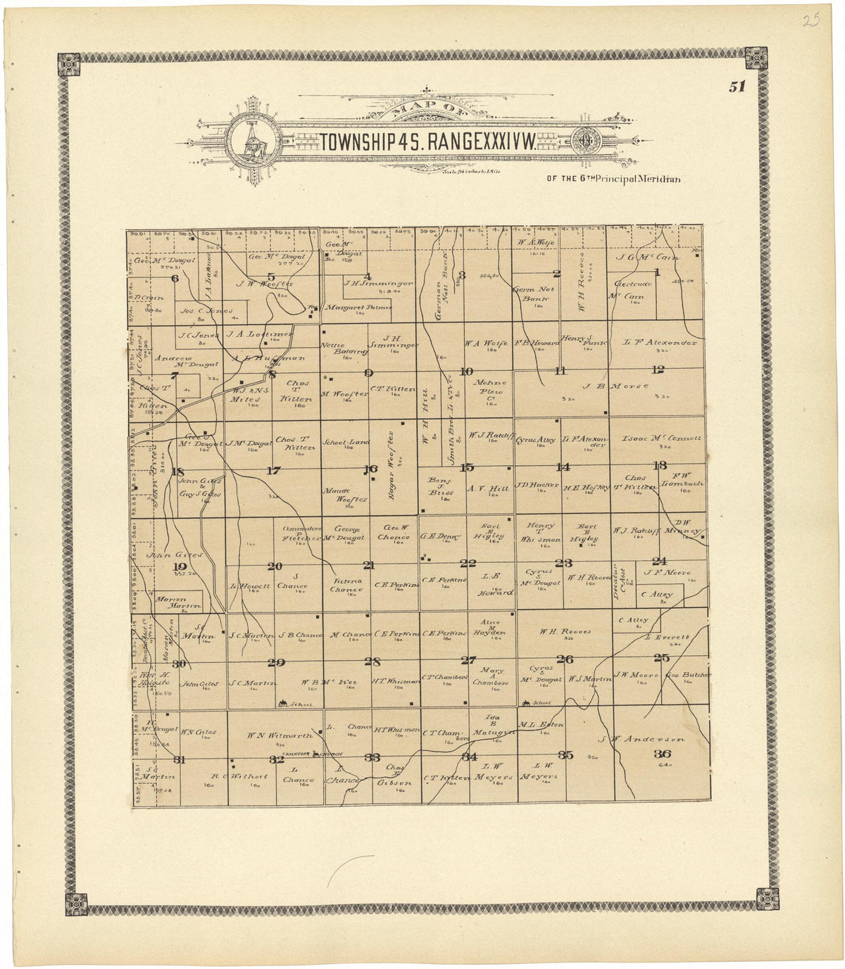 Map of Township 4 S. Range XXXIV W. from Standard Atlas of Rawlins County, Kansas 1906 by Relic Map Company