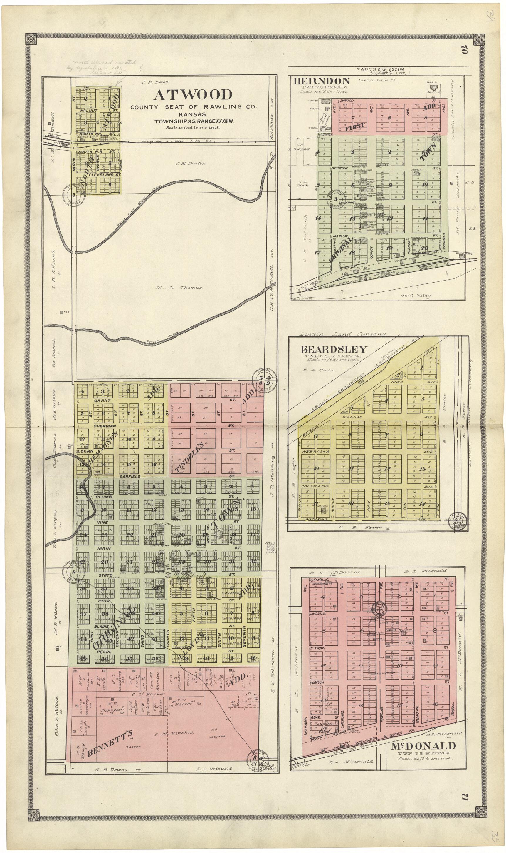 This old map of Atwood from Standard Atlas of Rawlins County, Kansas from 1906 was created by Geo. A. Ogle & Co in 1906